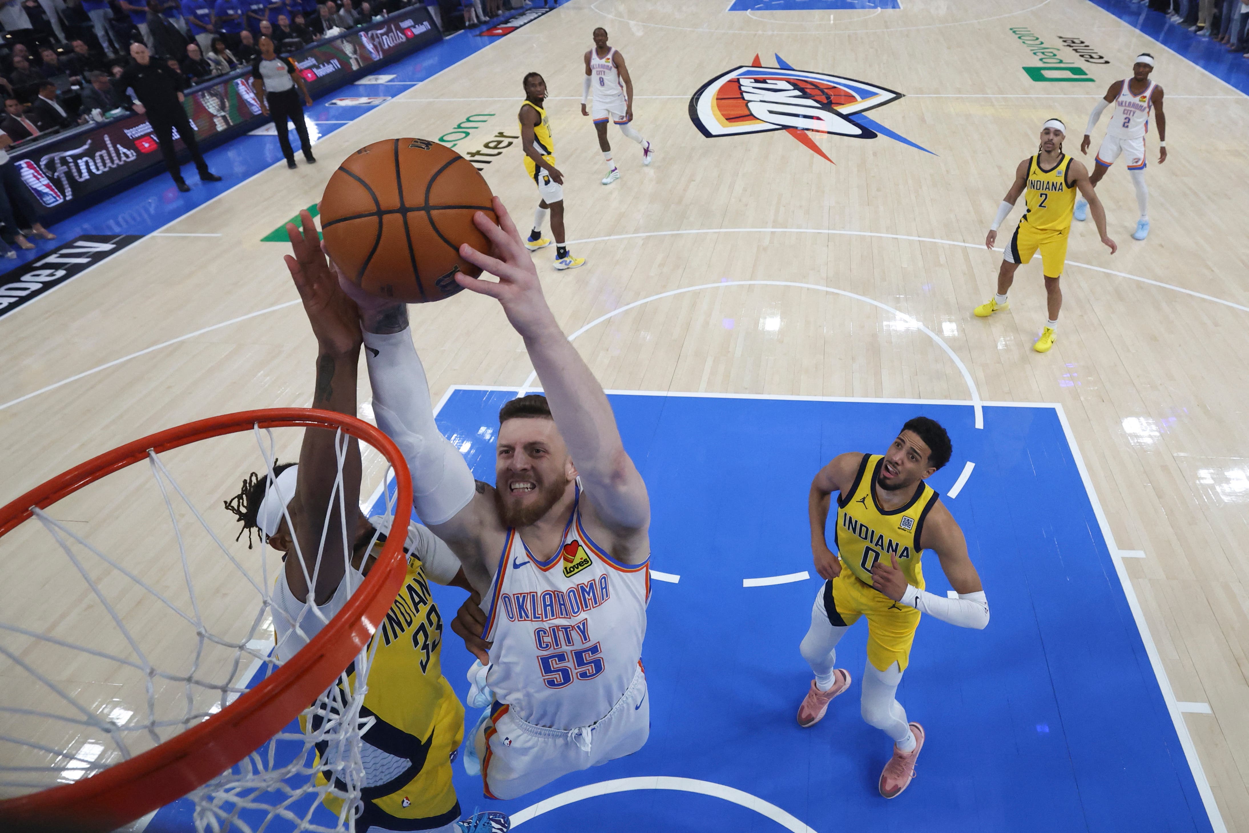 Oklahoma City Thunder center Isaiah Hartenstein dunks against Indiana Pacers in Game 5.