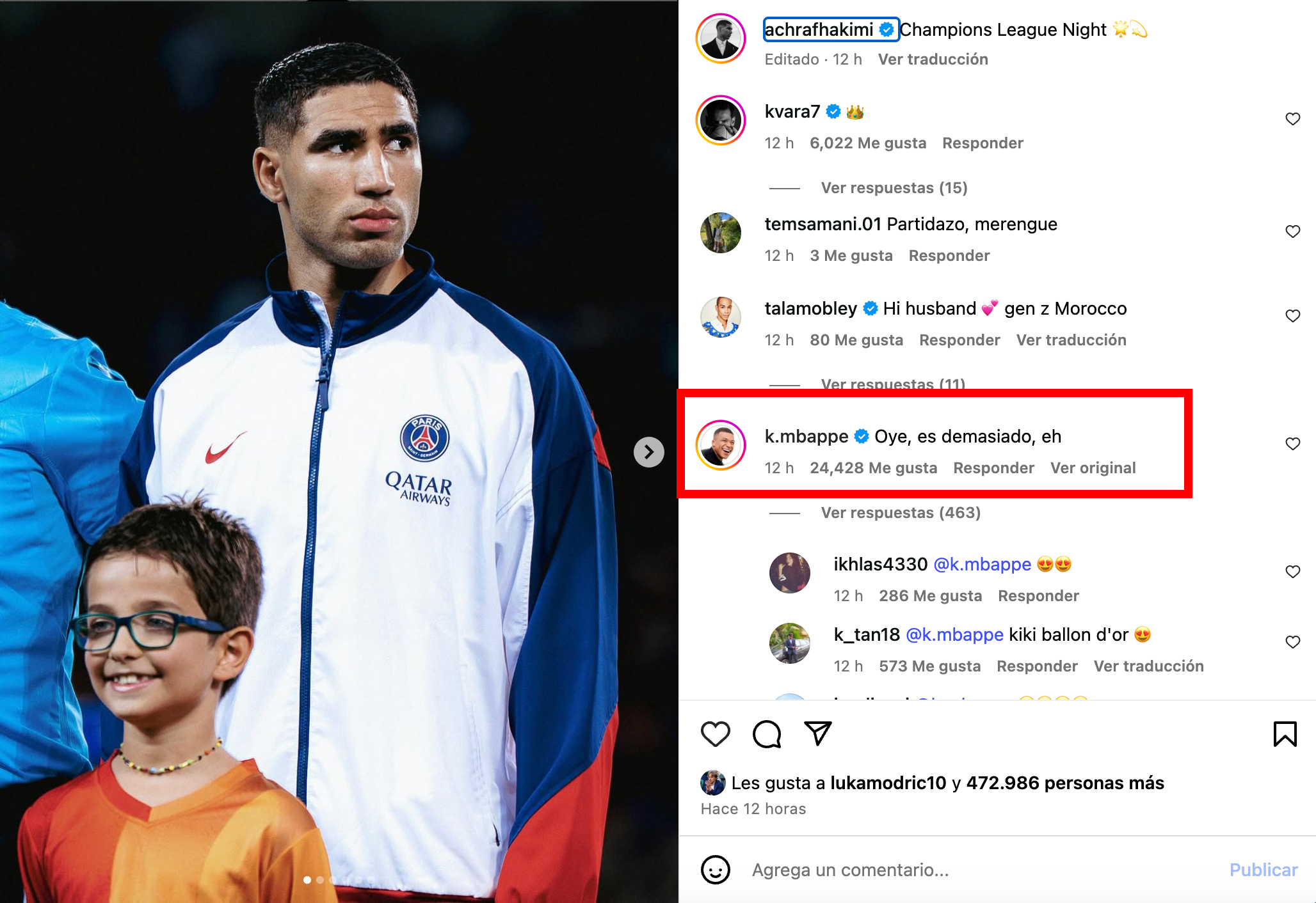 El comentario de Kylian Mbappé en la publicación de Achraf Hakimi que se volvió viral.