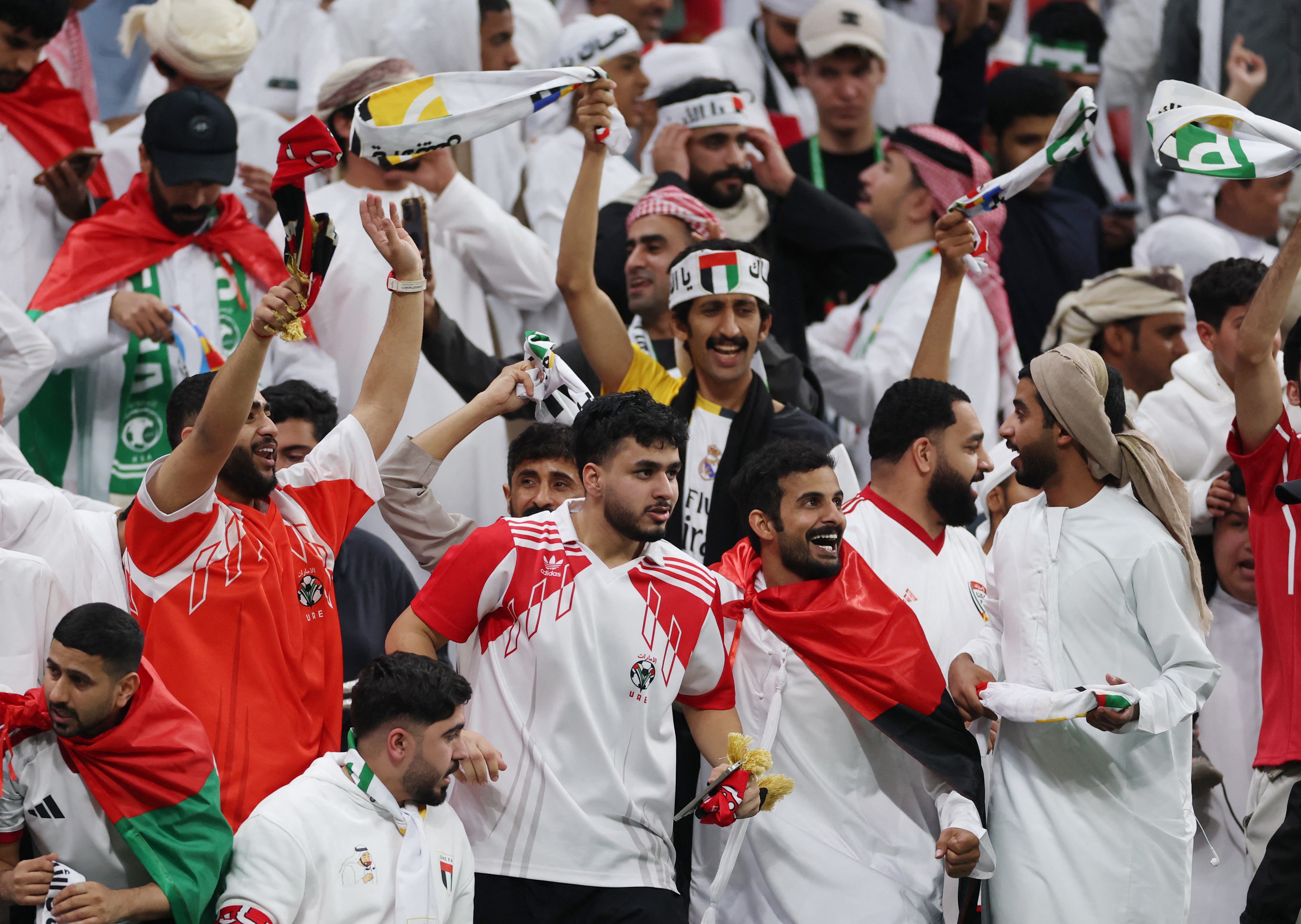 Soccer Football - FIFA Arab Cup - Qatar 2025 - Quarter Final - United Arab Emirates v Algeria - Al Bayt Stadium, Al Khor, Qatar - December 12, 2025 United Arab Emirates fans celebrate after the match REUTERS/Ibraheem Al Omari