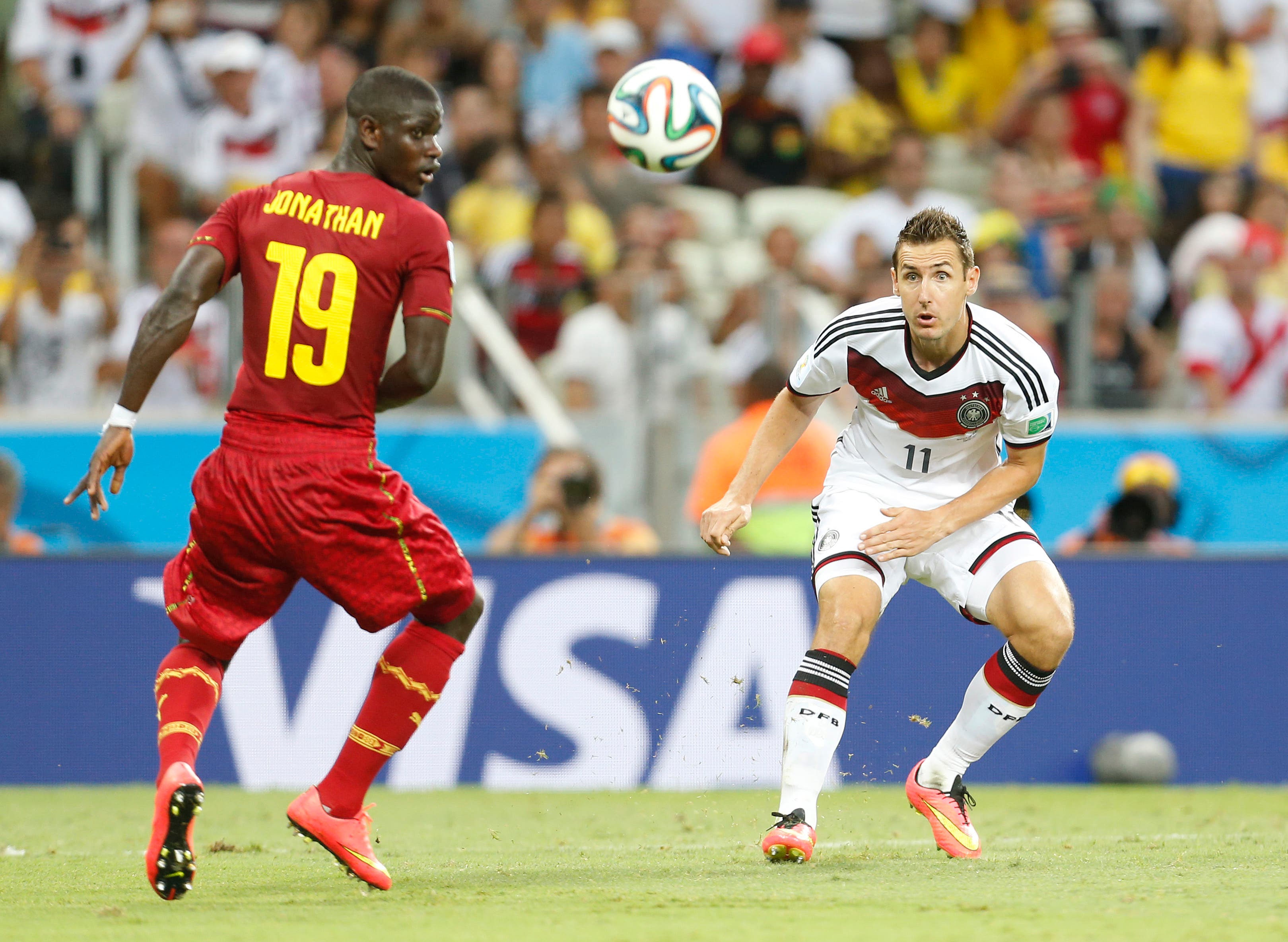 Football - Germany v Ghana - FIFA World Cup Brazil 2014 - Group G - Estadio Castelao, Fortaleza, Brazil - 21/6/14 Germany's Miroslav Klose (R) in action Mandatory Credit: Action Images / Jed Leicester Livepic EDITORIAL USE ONLY.