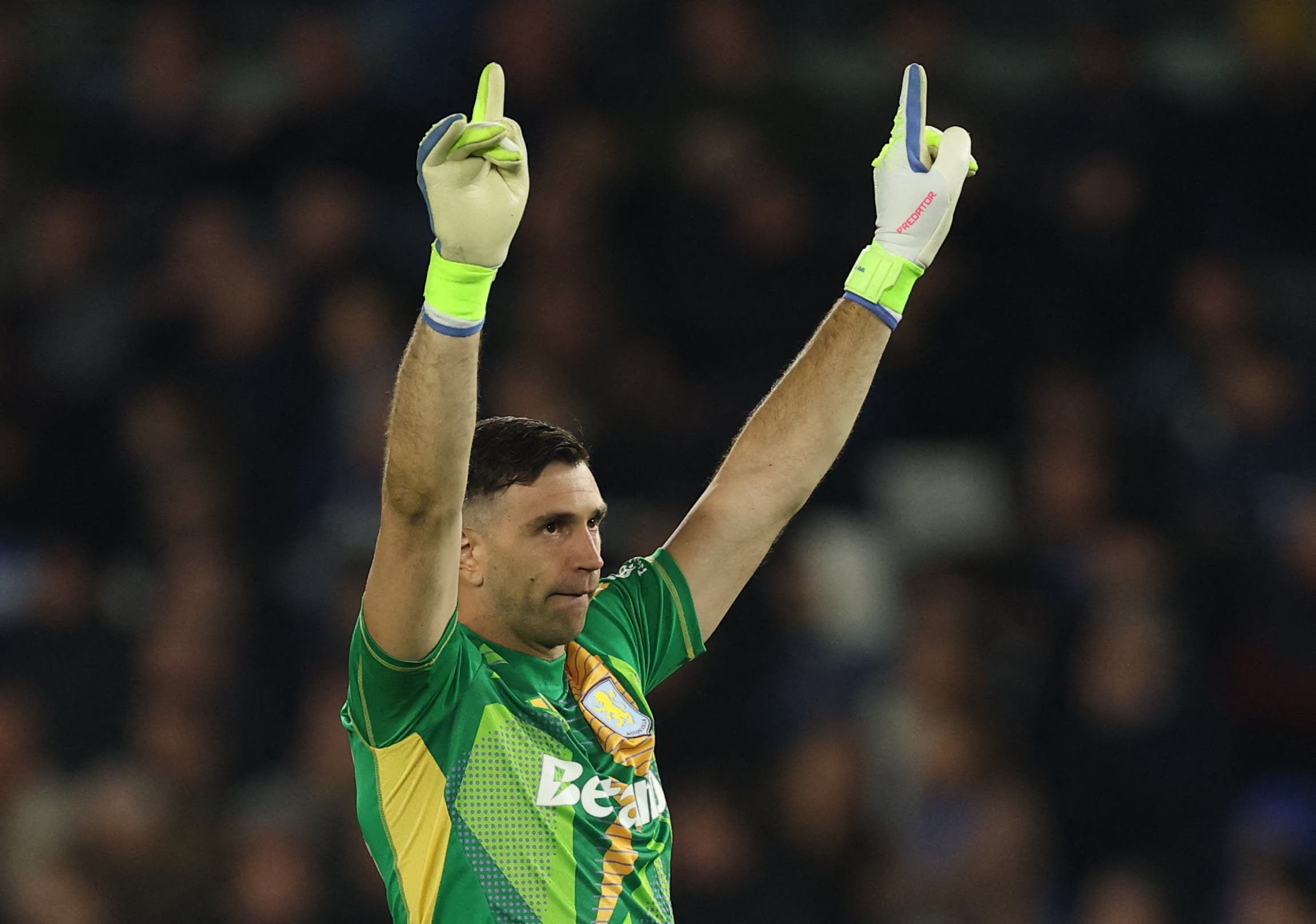 Aston Villa's Emiliano Martinez celebrates 