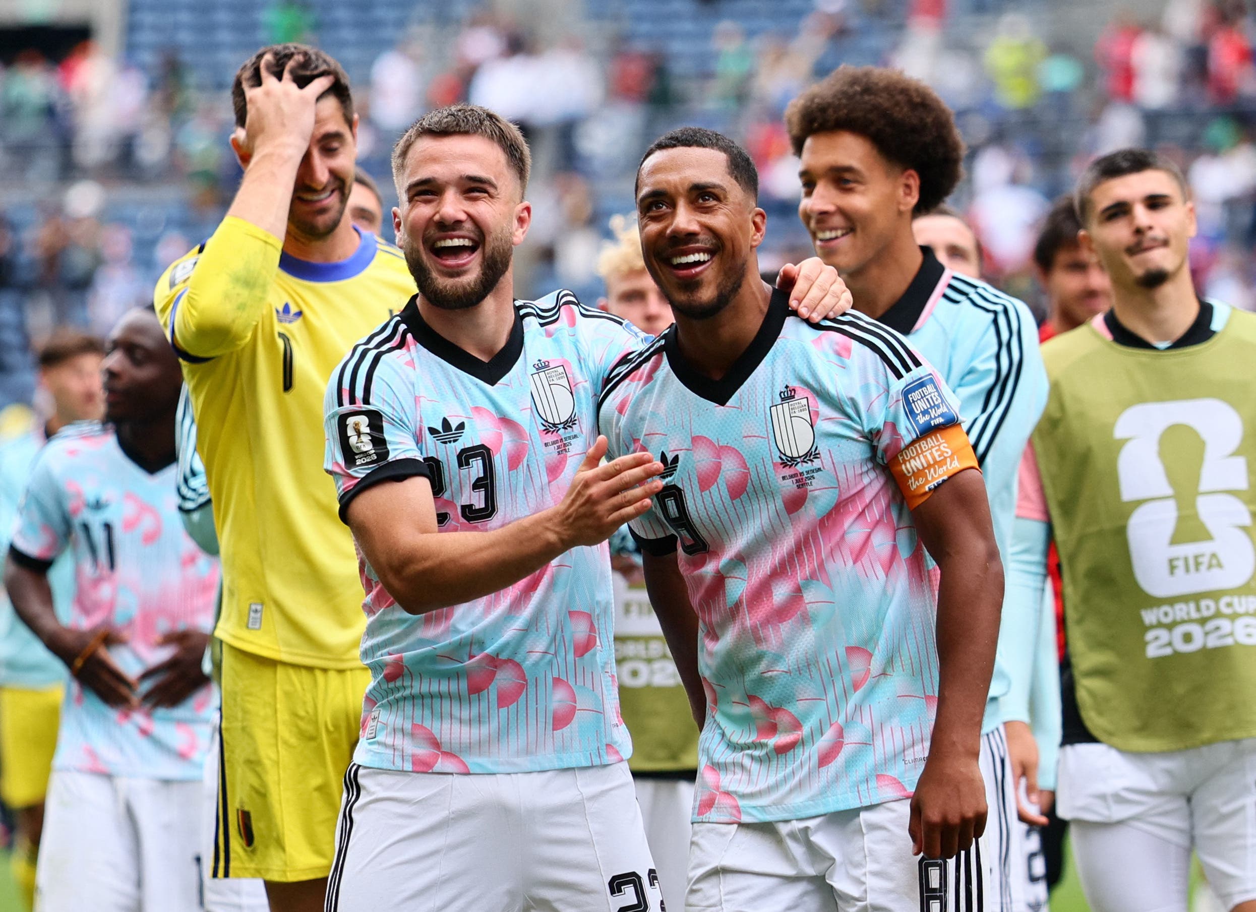 Soccer Football - FIFA World Cup 2026 - Round of 32 - Belgium v Senegal - Seattle Stadium, Seattle, Washington, U.S. - July 1, 2026 Belgium's Thibaut Courtois, Belgium's Nicolas Raskin, Belgium's Youri Tielemans and Belgium's Axel Witsel celebrate after the match as Belgium qualify for the Round of 16 stage of the World Cup IMAGN IMAGES via Reuters/Blake Dahlin