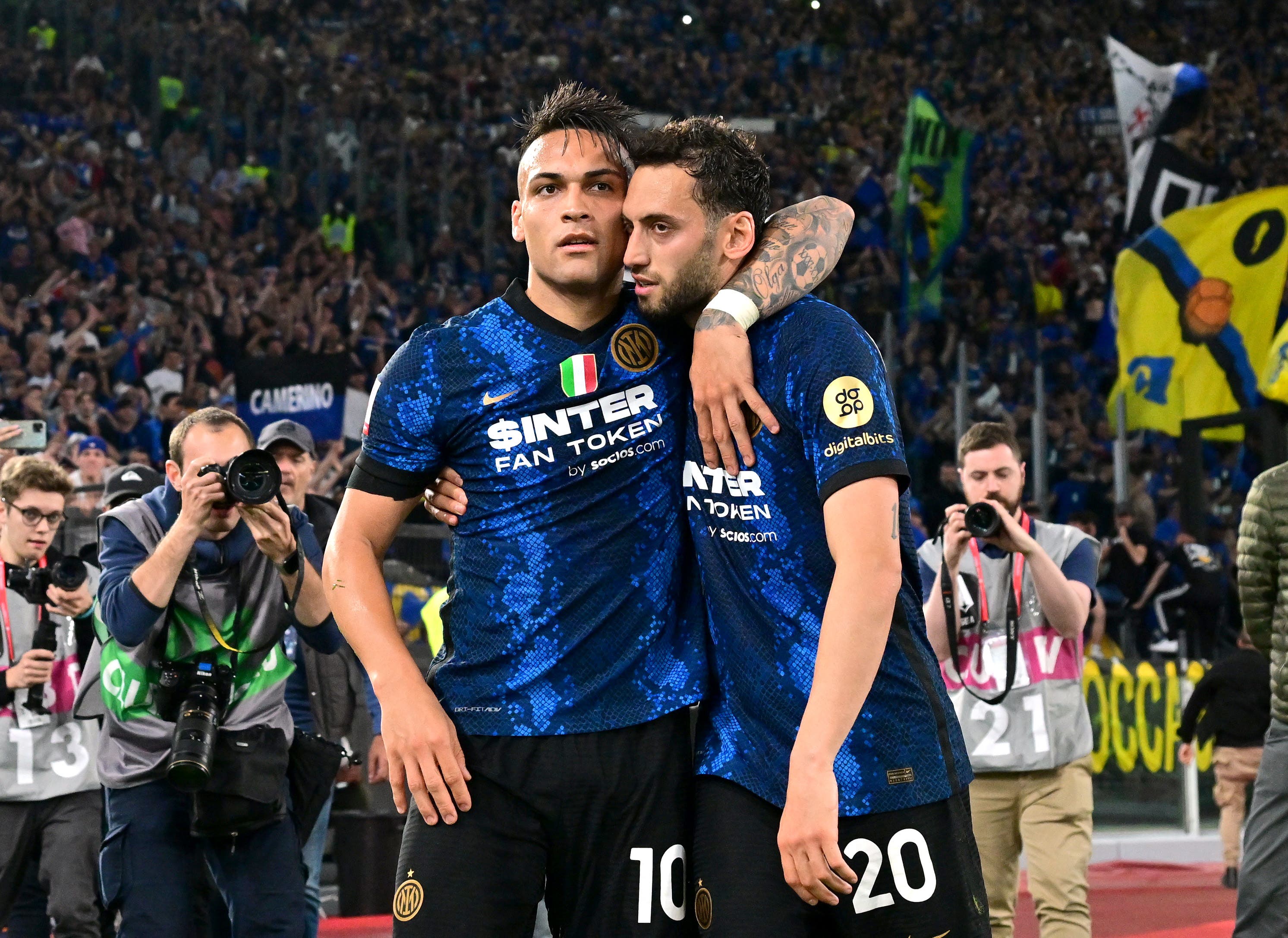  Inter Milan's Hakan Calhanoglu celebrates scoring their second goal with Lautaro Martinez 