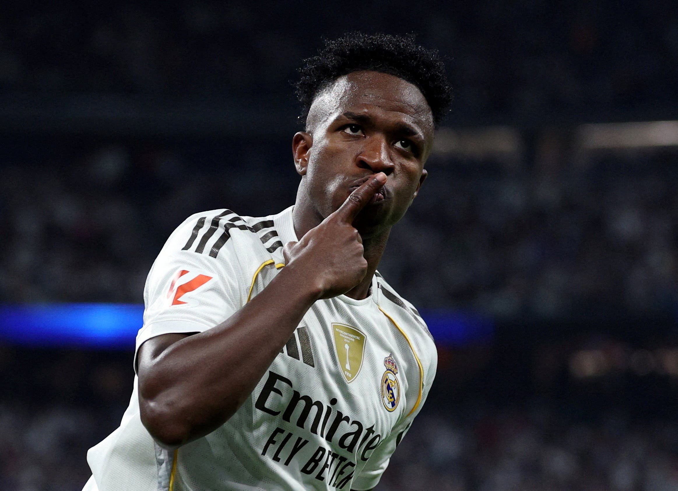 Vinícius Junior celebrates a goal during a match with Real Madrid.
