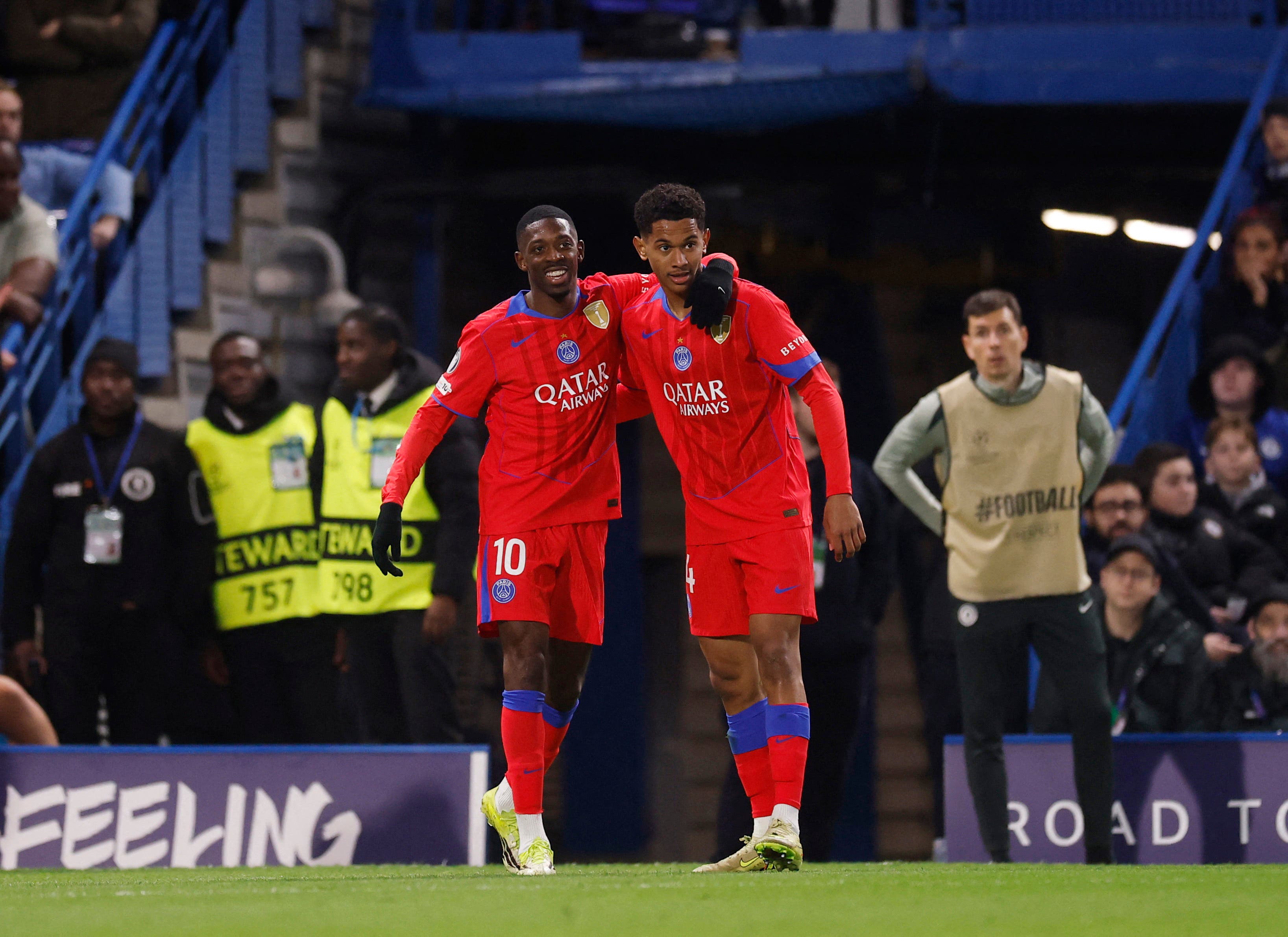 Soccer Football - UEFA Champions League - Round 16 - Second Leg - Chelsea v Paris St Germain - Stamford Bridge, London, Britain - March 17, 2026 Paris St Germain's Senny Mayulu celebrates scoring their third goal with Ousmane Dembele Action Images via Reuters/Andrew Couldridge