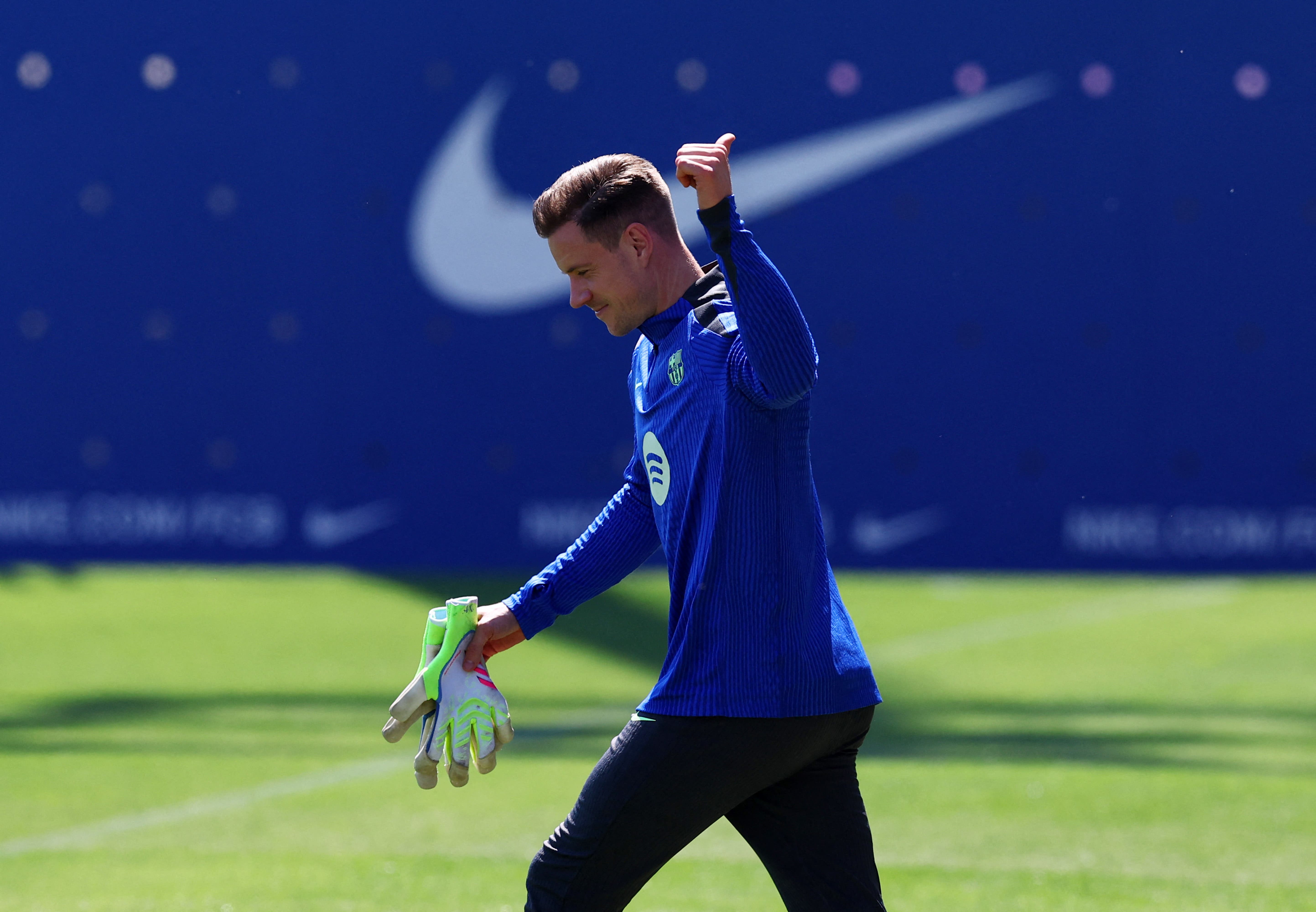 Soccer Football - Champions League - FC Barcelona Training - Ciutat Esportiva Joan Gamper, Barcelona, Spain - April 29, 2025 FC Barcelona's Marc-Andre ter Stegen during training REUTERS/Albert Gea