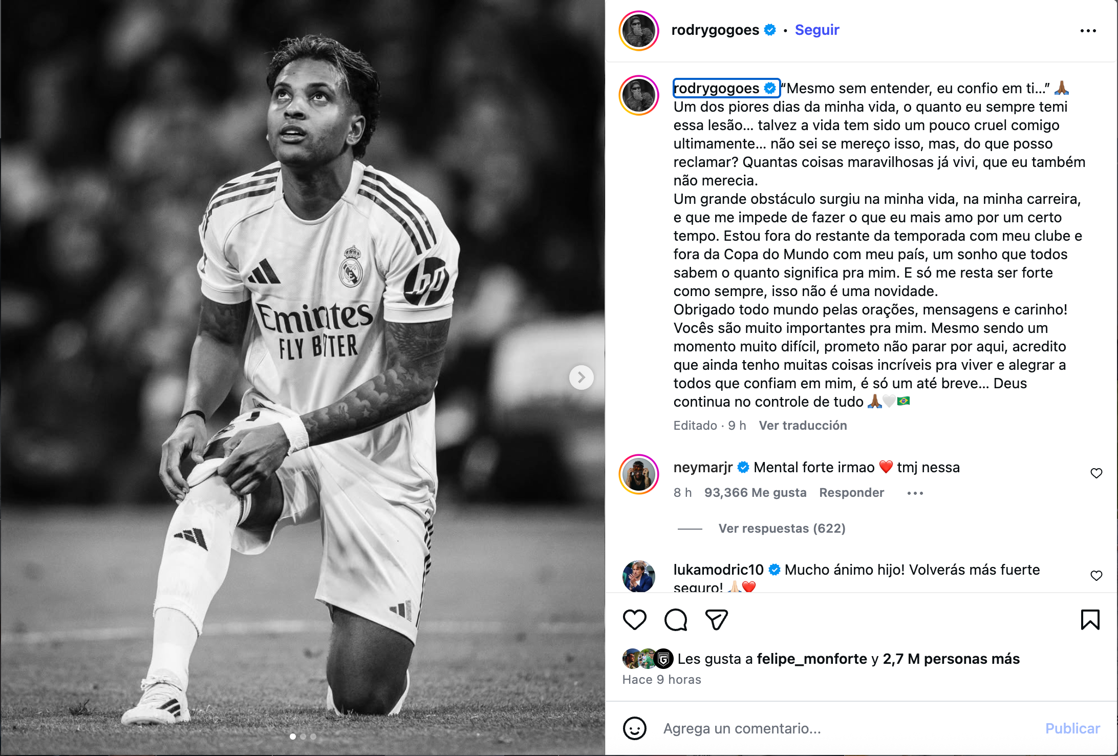 Neymar's message to Rodrygo on social media.