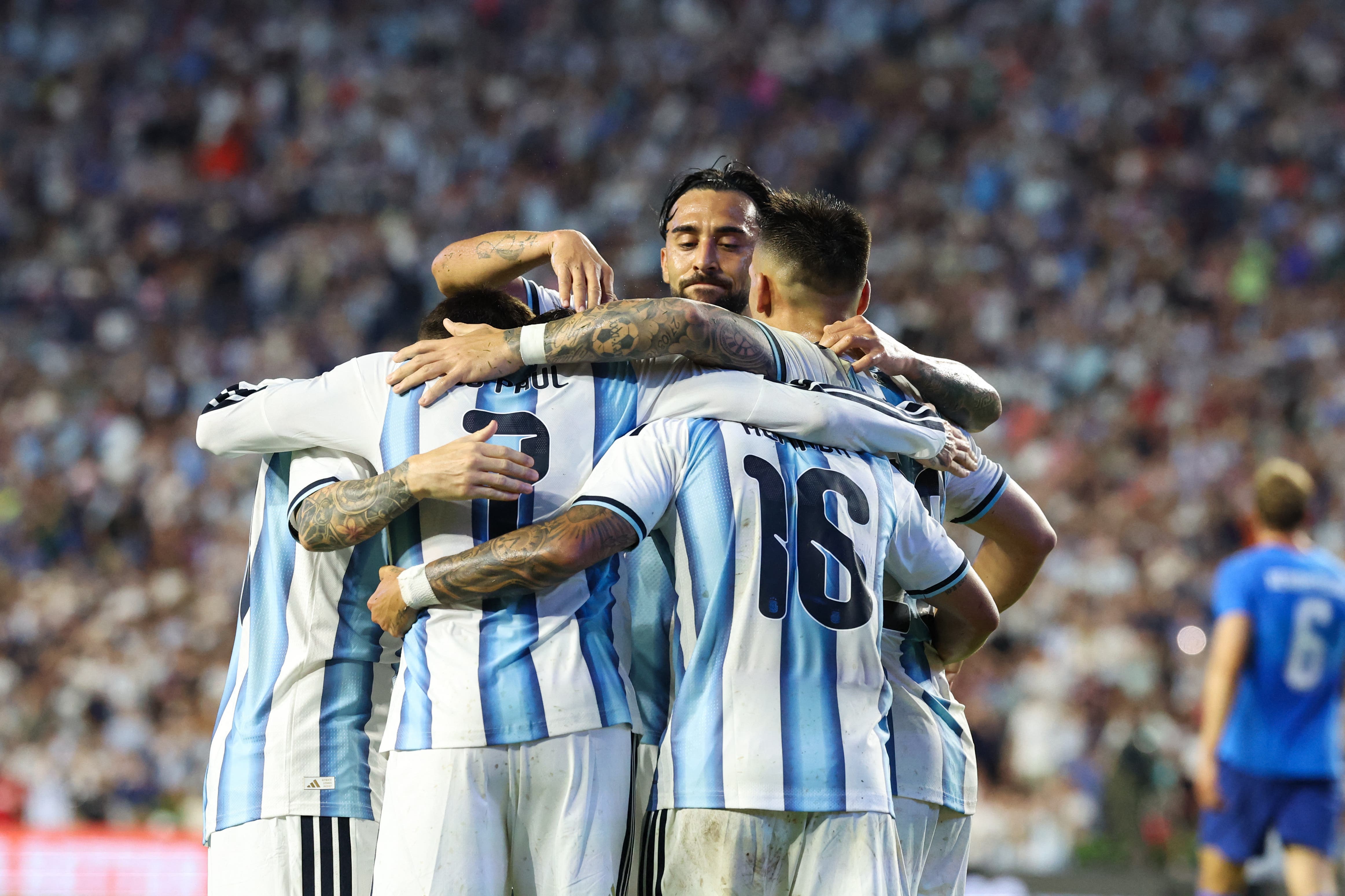 Jun 9, 2026; Auburn, Alabama, USA; Argentina midfielder Thiago Almada (16) celebrates with teammates after scoring a goal during the second half against Iceland during a Road to 26 men's international friendly at Jordan-Hare Stadium. Mandatory Credit: John Reed-Imagn Images