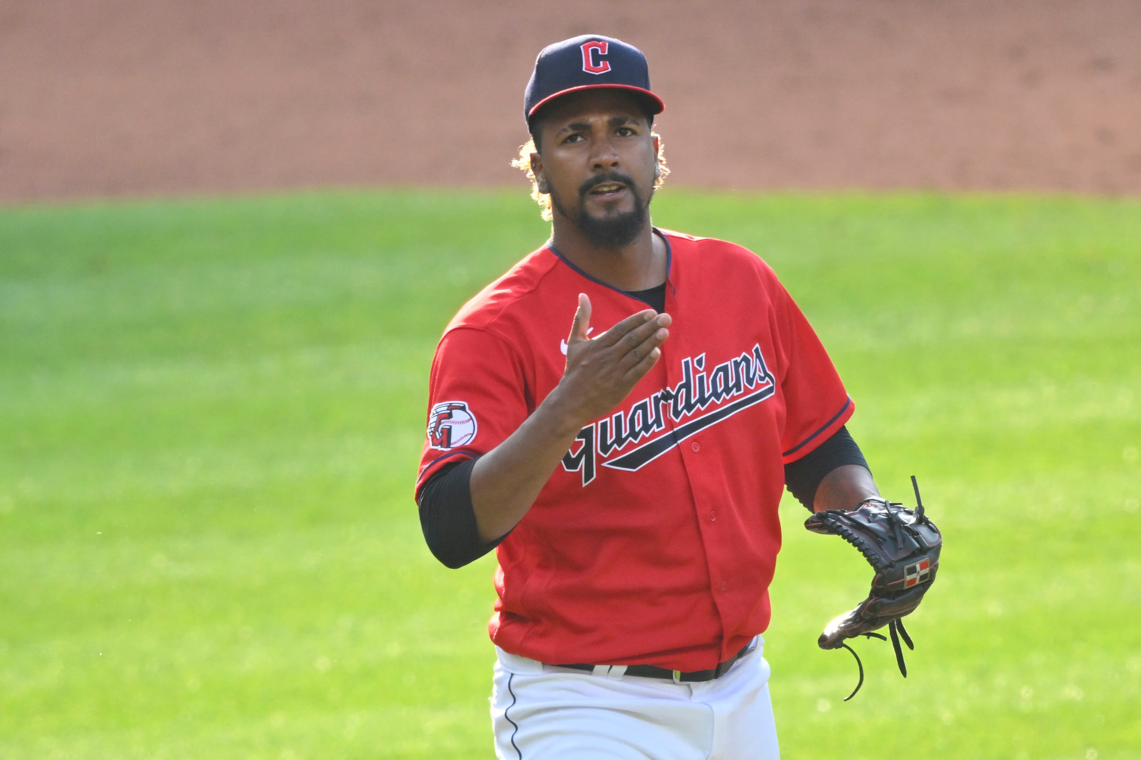 Jun 7, 2022; Cleveland, Ohio, USA; Cleveland Guardians relief pitcher Emmanuel Clase (48) celebrates a win over the Texas Rangers at Progressive Field. Mandatory Credit: David Richard-USA TODAY Sports
