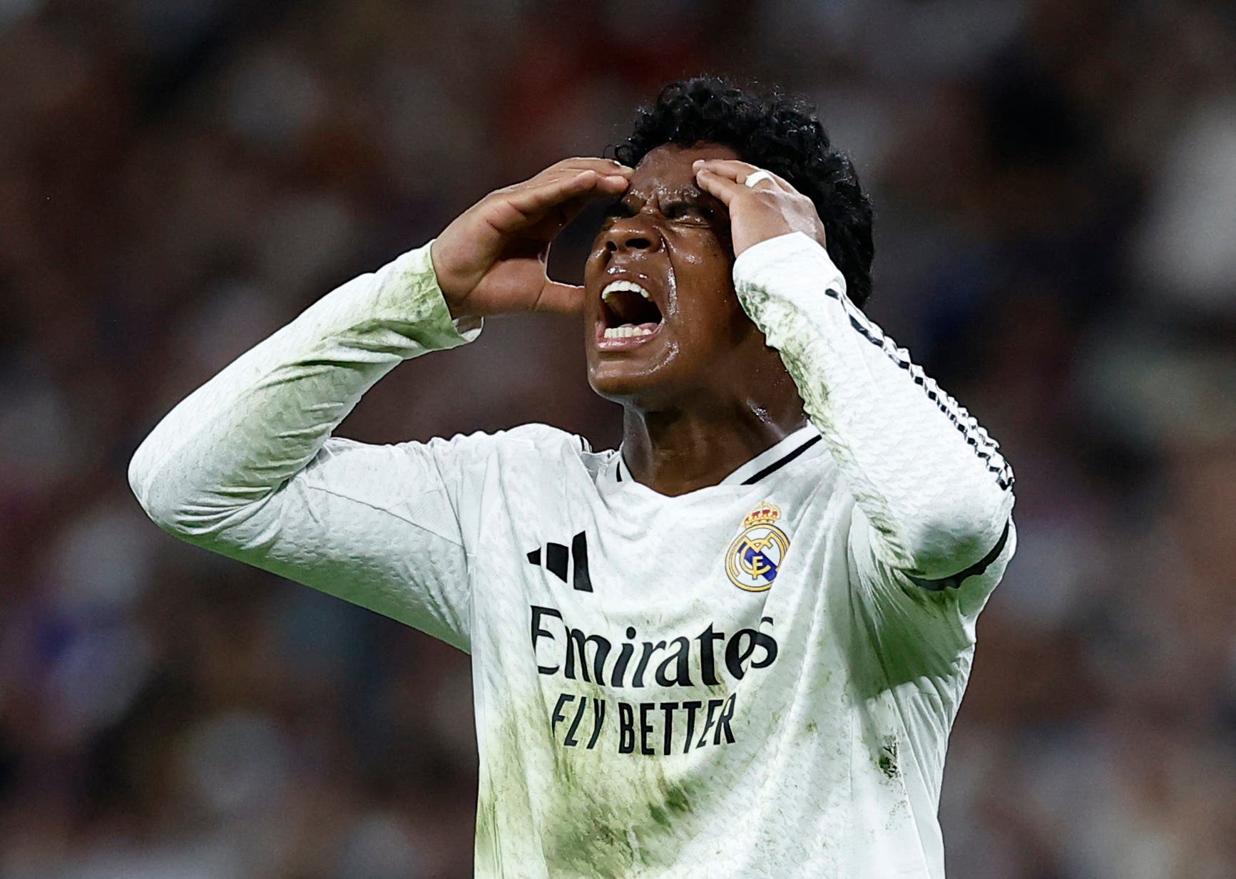 Soccer Football - Copa del Rey - Semi Final - Second Leg - Real Madrid v Real Sociedad - Santiago Bernabeu, Madrid, Spain - April 1, 2025 Real Madrid's Endrick reacts REUTERS/Juan Medina