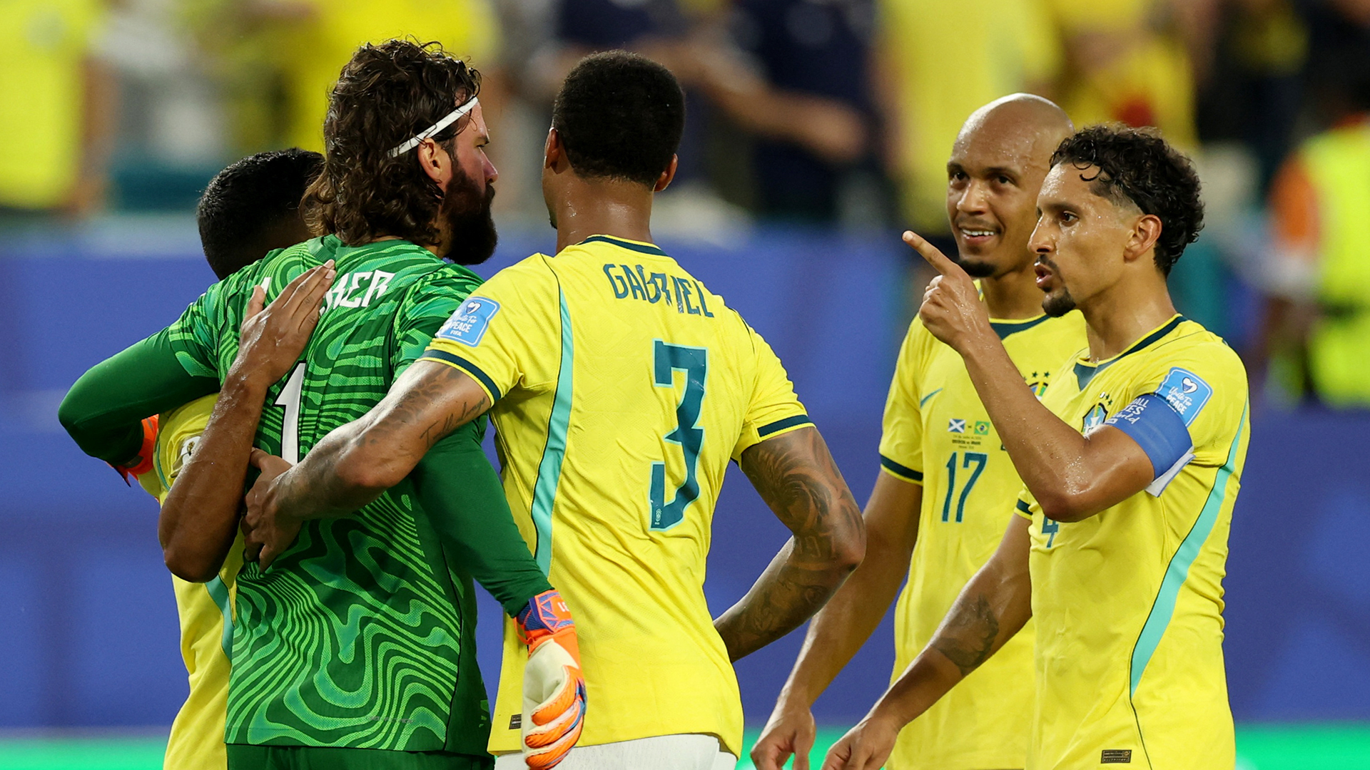 Soccer Football - FIFA World Cup 2026 - Group C - Scotland v Brazil - Miami Stadium, Miami Gardens, Florida, U.S. - June 24, 2026 Brazil's Alisson Becker, Gabriel Magalhaes, Marquinhos and Fabinho celebrate after the match REUTERS/Paul Childs