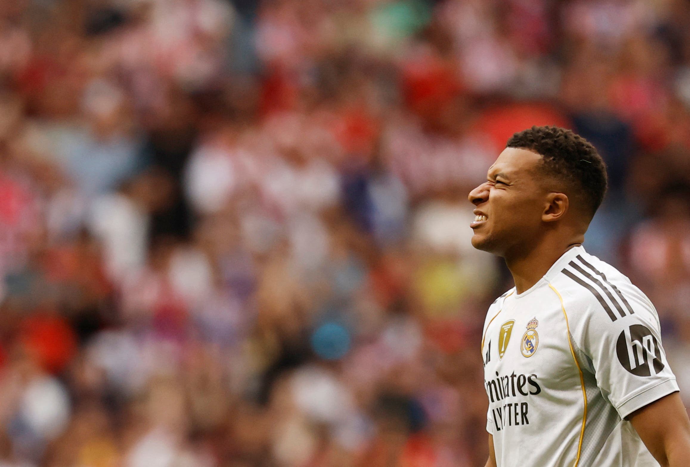 Soccer Football - LaLiga - Atletico Madrid v Real Madrid - Riyadh Air Metropolitano, Madrid, Spain - September 27, 2025 Real Madrid's Kylian Mbappe reacts REUTERS/Susana Vera
