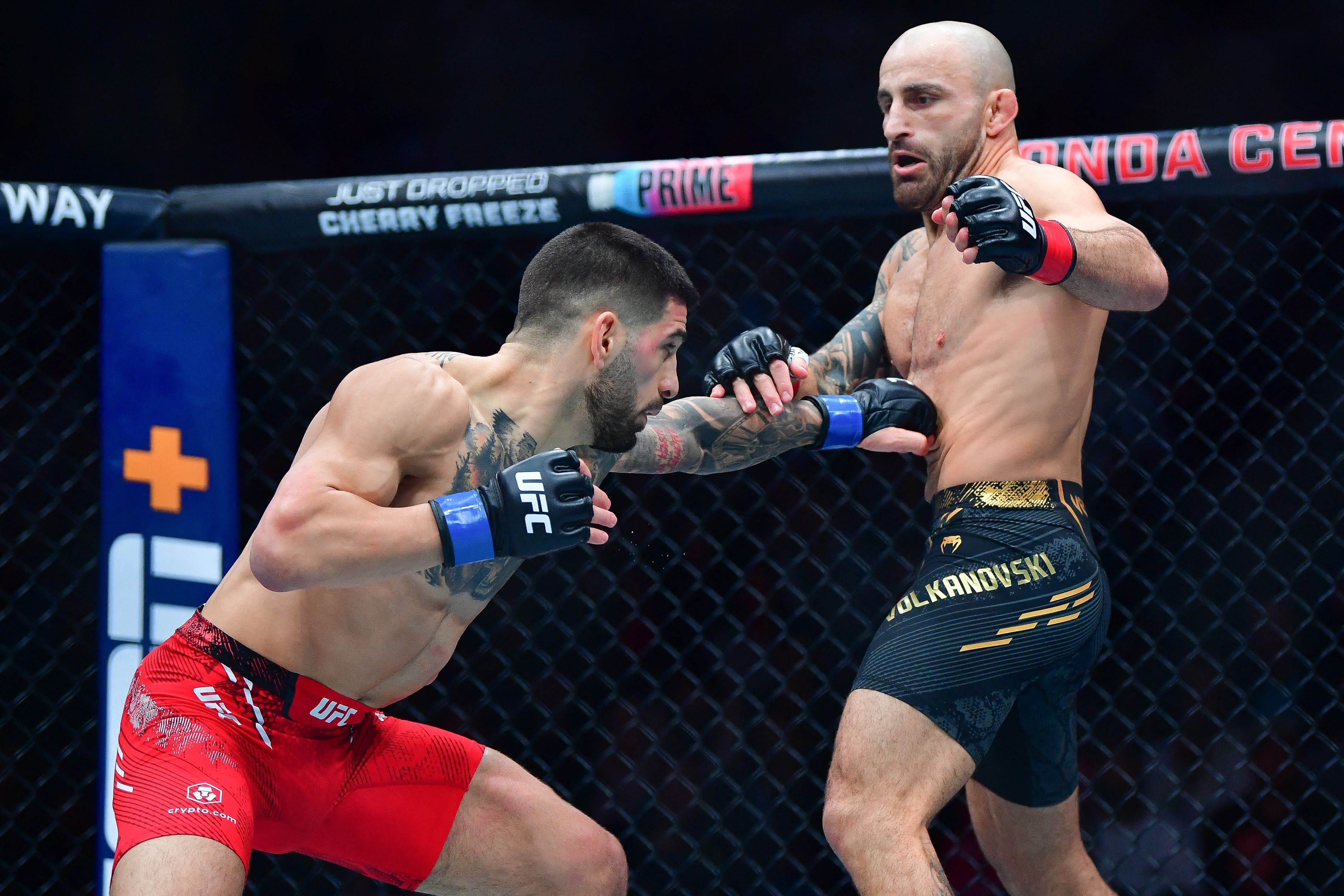 Feb 17, 2024; Anaheim, California, USA; Ilia Topuria moves in with a hit against Alexander Volkanovski during UFC 298 at Honda Center. Mandatory Credit: Gary A. Vasquez-USA TODAY Sports