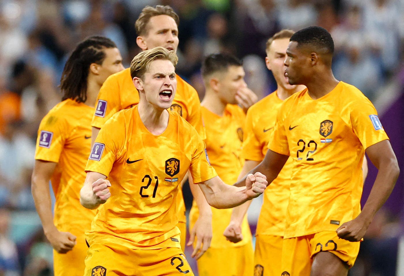 Soccer Football - FIFA World Cup Qatar 2022 - Quarter Final - Netherlands v Argentina - Lusail Stadium, Lusail, Qatar - December 10, 2022 Netherlands' Frenkie de Jong celebrates a goal during the penalty shootout REUTERS/Bernadett Szabo