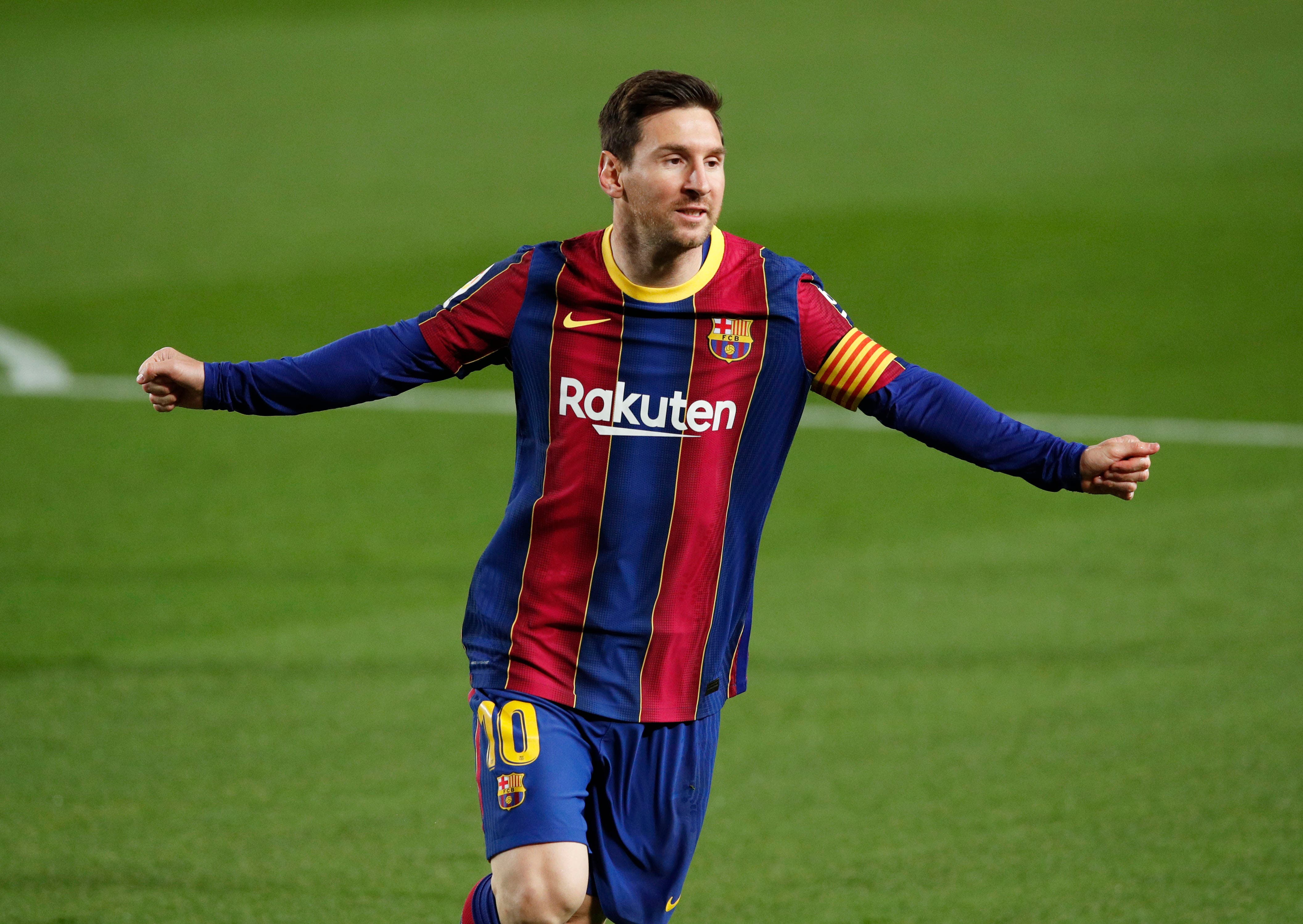 Soccer Football - La Liga Santander - FC Barcelona v Getafe - Camp Nou, Barcelona, Spain - April 22, 2021 Barcelona's Lionel Messi celebrates scoring their first goal REUTERS/Albert Gea