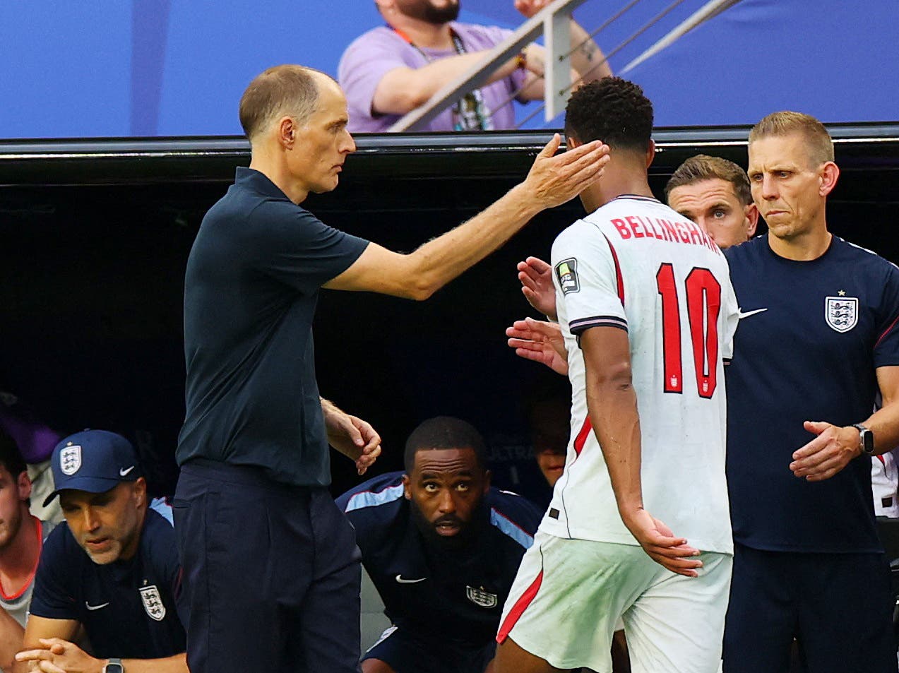 Soccer Football - FIFA World Cup 2026 - Quarter Final - Norway v England - Miami Stadium, Miami Gardens, Florida, U.S. - July 11, 2026 England's Jude Bellingham comes off as a substitute for Dan Burn REUTERS/Mike Segar