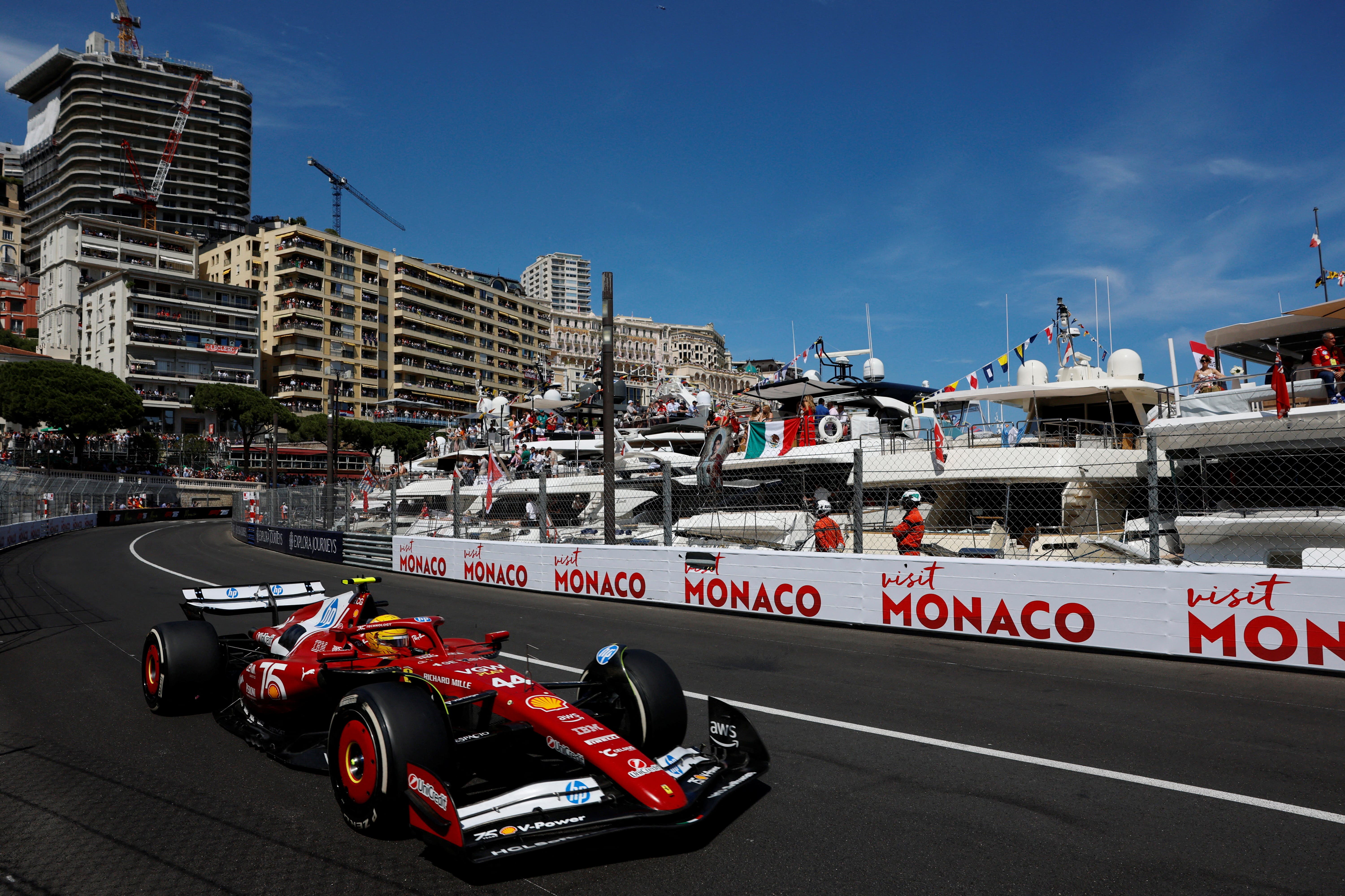 Lewis Hamilton racing for Ferrari during the 2025 Monaco Grand Prix.