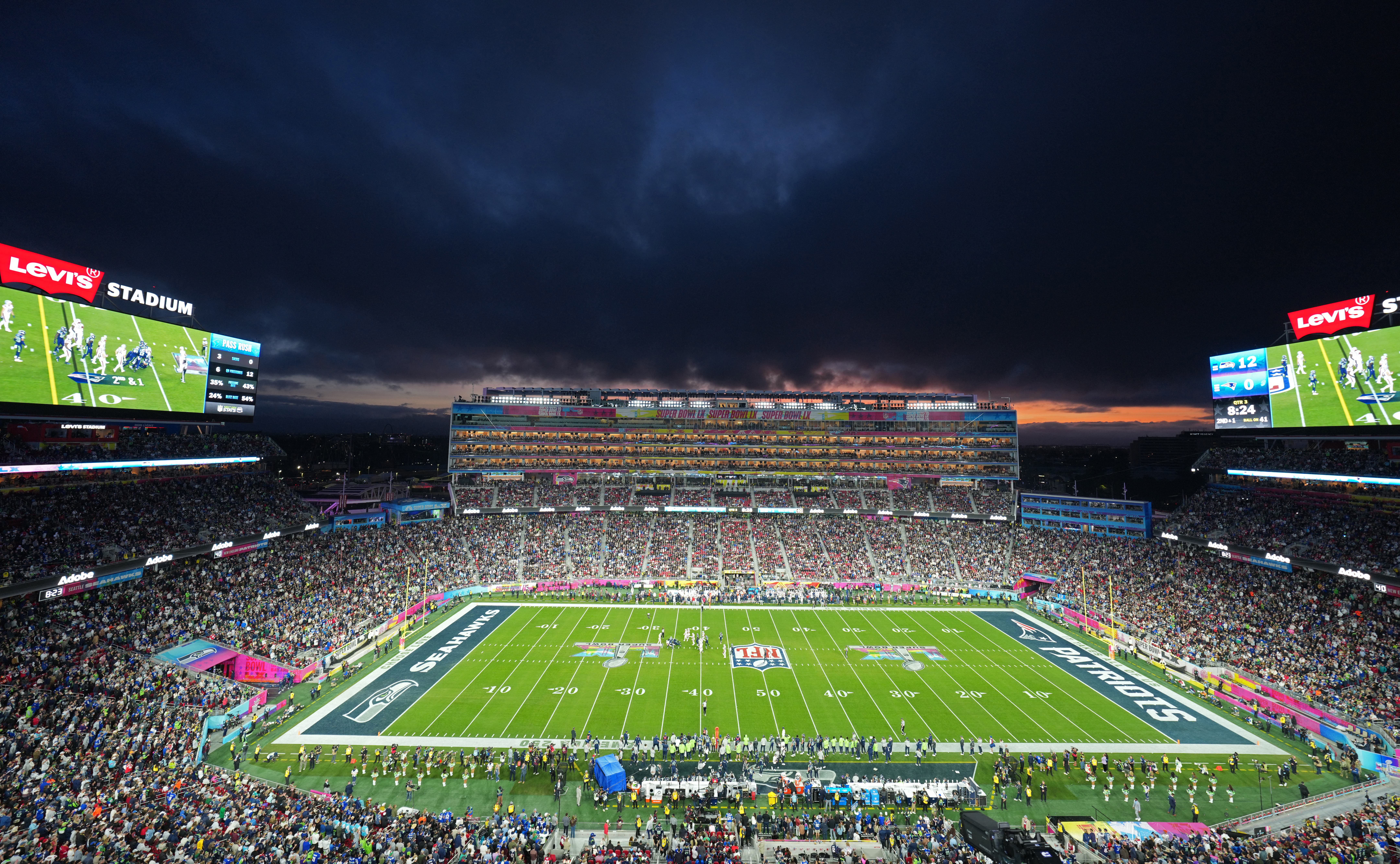 Feb 8, 2026; Santa Clara, CA, USA; A general view as the sun sets behind the stadium in the second half in Super Bowl LX between the New England Patriots and the Seattle Seahawks at Levi's Stadium. Mandatory Credit: Kirby Lee-Imagn Images TPX IMAGES OF THE DAY

