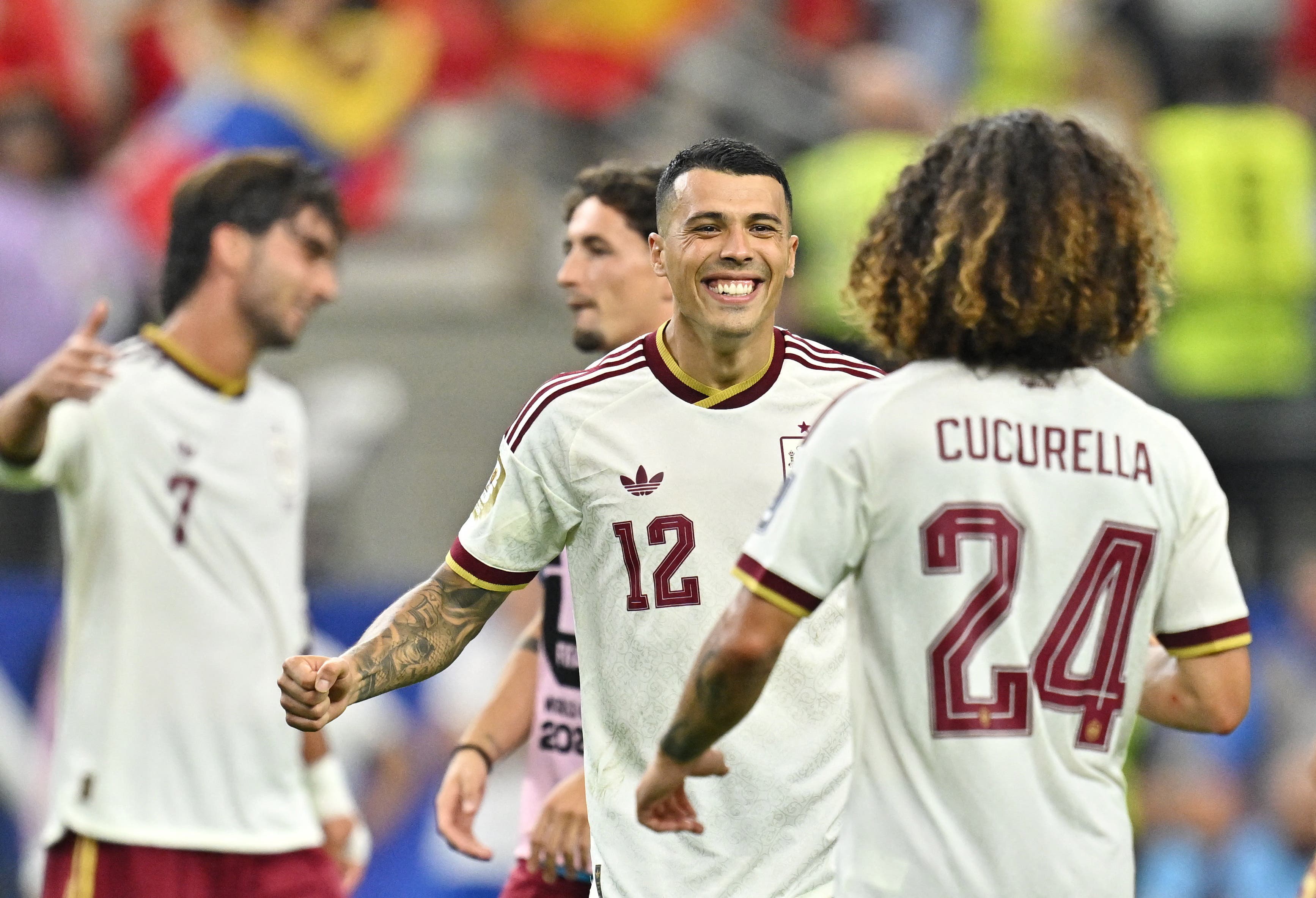 Soccer Football - FIFA World Cup 2026 - Semi Final - France v Spain - Dallas Stadium, Arlington, Texas, U.S. - July 14, 2026 Spain's Pedro Porro and Marc Cucurella celebrate after the match IMAGN IMAGES via Reuters/Maria Lysaker

