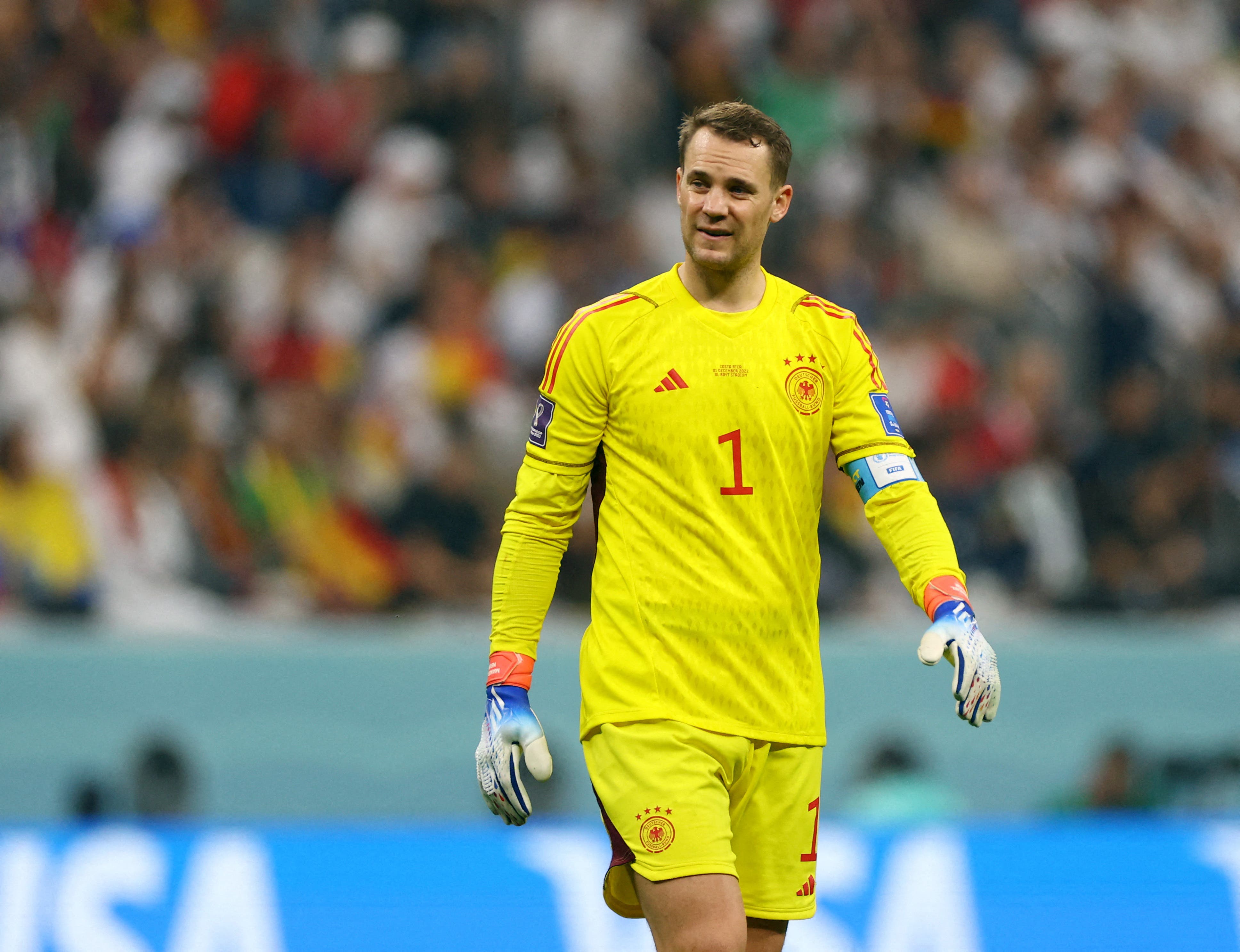 Soccer Football - FIFA World Cup Qatar 2022 - Group E - Costa Rica v Germany - Al Bayt Stadium, Al Khor, Qatar - December 1, 2022 Germany's Manuel Neuer reacts REUTERS/Kai Pfaffenbach