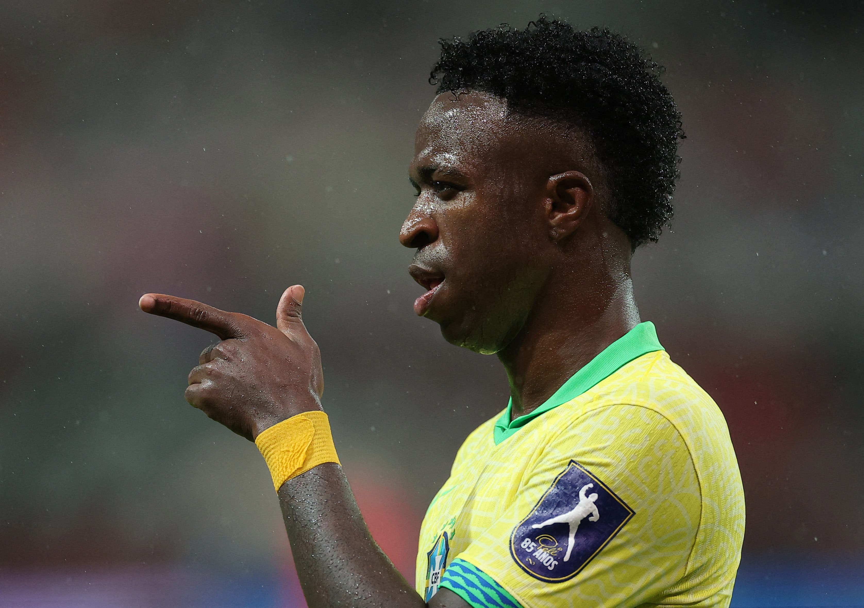 Soccer Football - International Friendly - South Korea v Brazil - Seoul World Cup Stadium, Seoul, South Korea - October 10, 2025 Brazil's Vinicius Jr. celebrates scoring their fifth goal REUTERS/Kim Hong-Ji