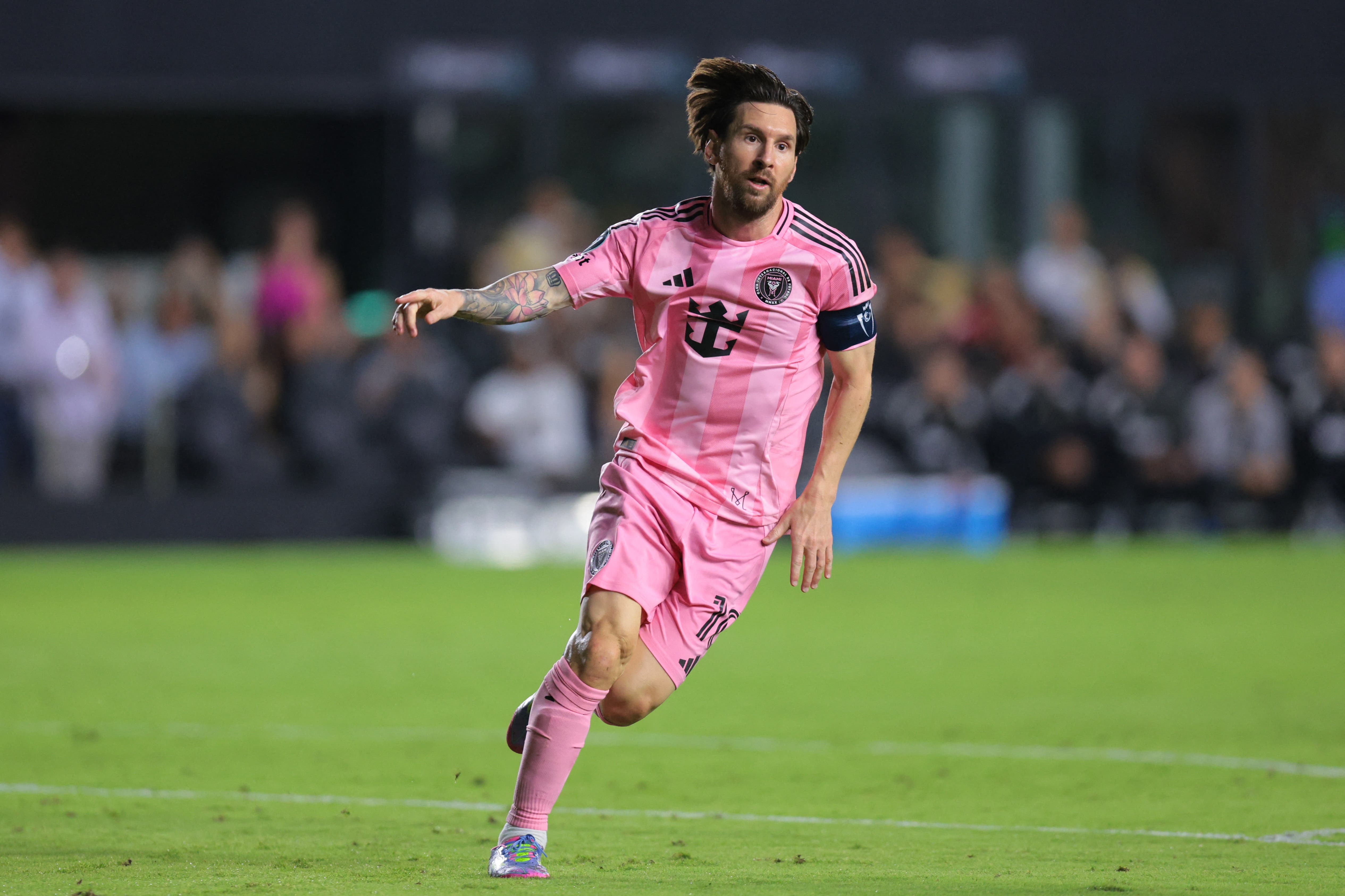 Apr 9, 2025; Ft. Lauderdale, Florida, USA; Inter Miami CF forward Lionel Messi (10) celebrates after scoring against the Los Angeles FC during the first half at Chase Stadium. Mandatory Credit: Sam Navarro-Imagn Images