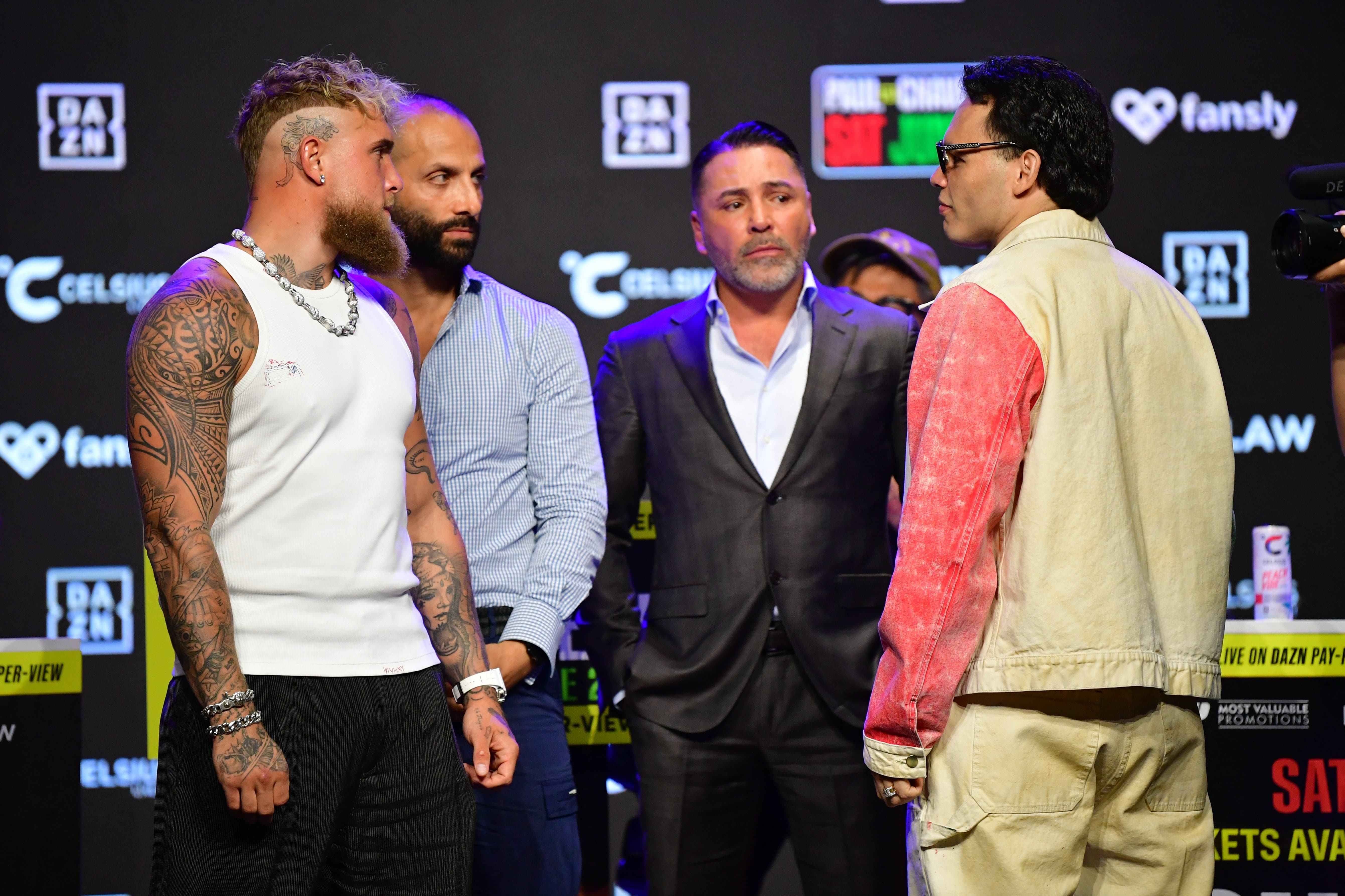 Jake Paul and Julio Cesar Chavez Jr. pose for photos in anticipation of their fight at Avalon Hollywood Theater. 