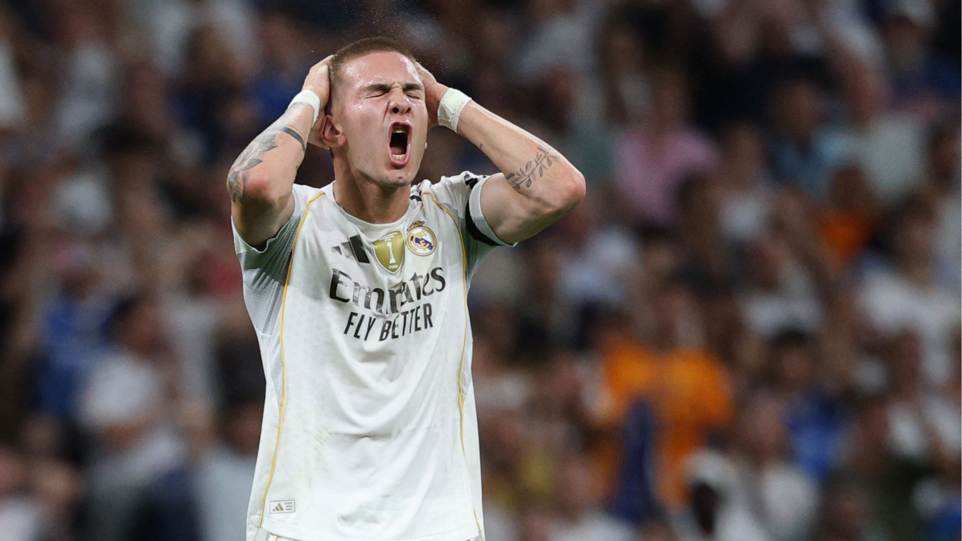 Soccer Football - LaLiga - Real Madrid v Villarreal - Santiago Bernabeu, Madrid, Spain - October 4, 2025 Real Madrid's Franco Mastantuono reacts REUTERS/Juan Medina