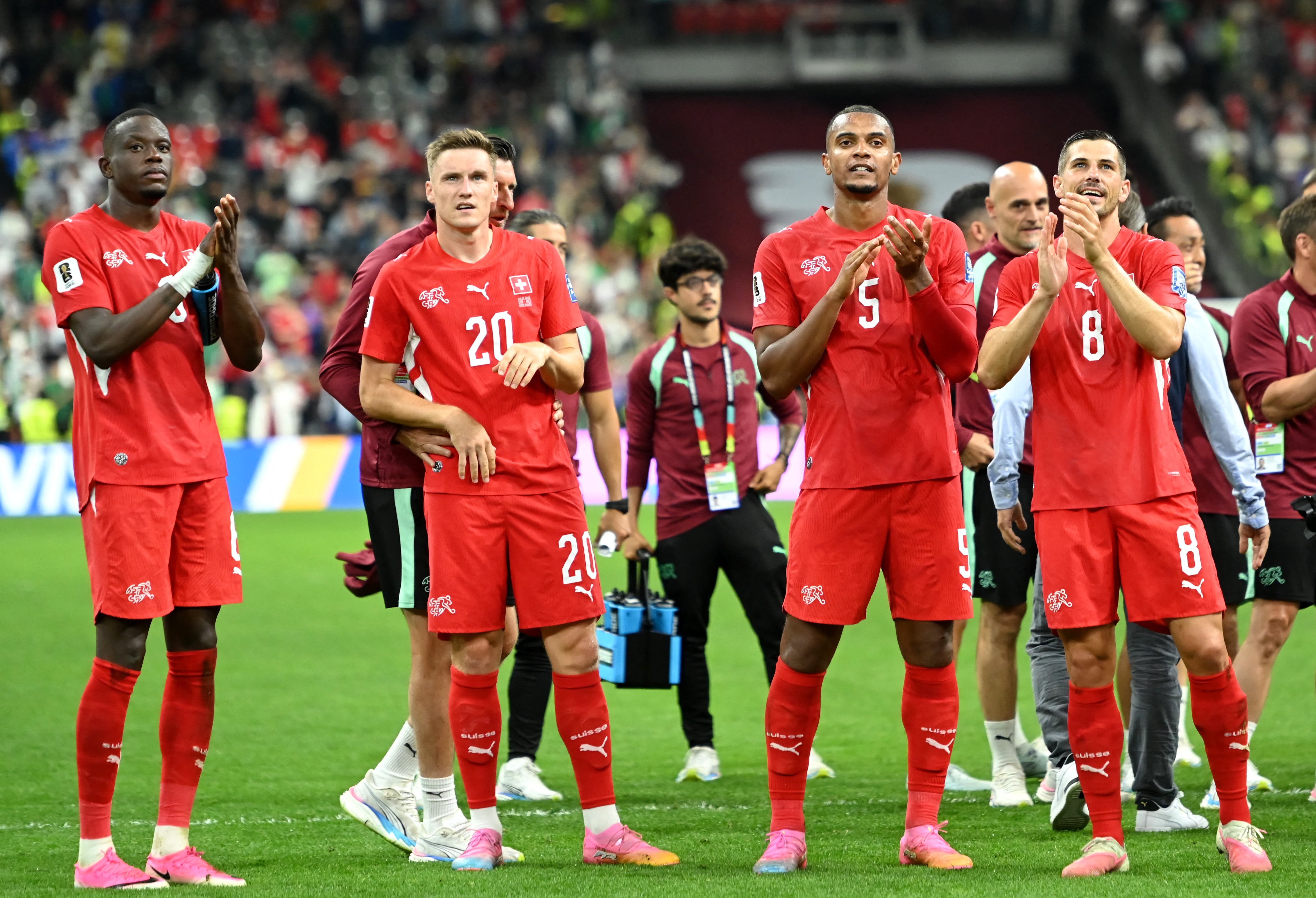 Soccer Football - FIFA World Cup 2026 - Round of 32 - Switzerland v Algeria - BC Place, Vancouver, Canada - July 2, 2026 Switzerland's Denis Zakaria, Michel Aebischer, Manuel Akanji and Remo Freuler celebrate after the match IMAGN IMAGES via Reuters/Simon Fearn