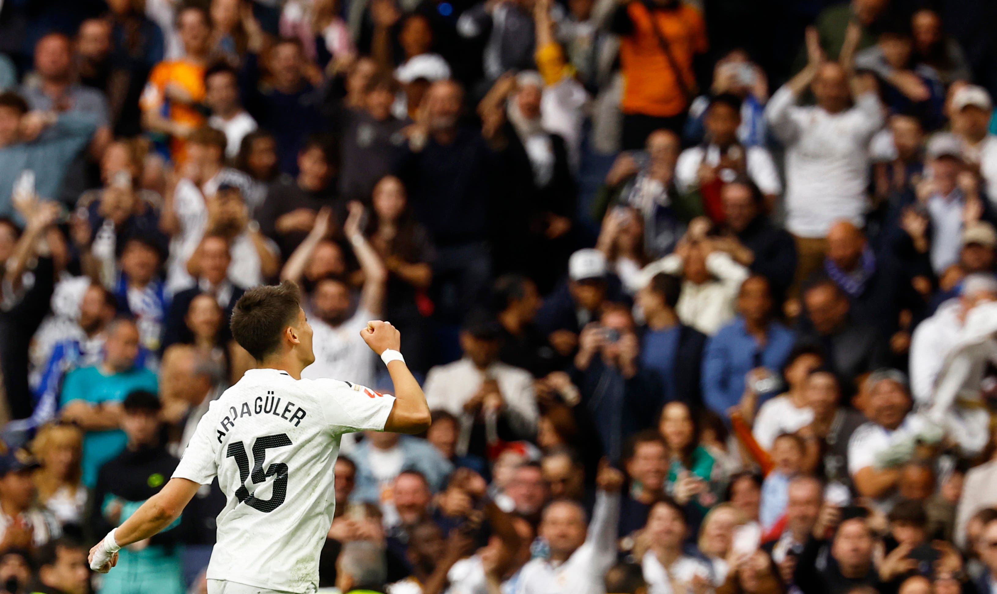 Soccer Football - LaLiga - Real Madrid v Celta Vigo - Santiago Bernabeu, Madrid, Spain - May 4, 2025 Real Madrid's Arda Guler celebrates scoring their first goal REUTERS/Susana Vera
