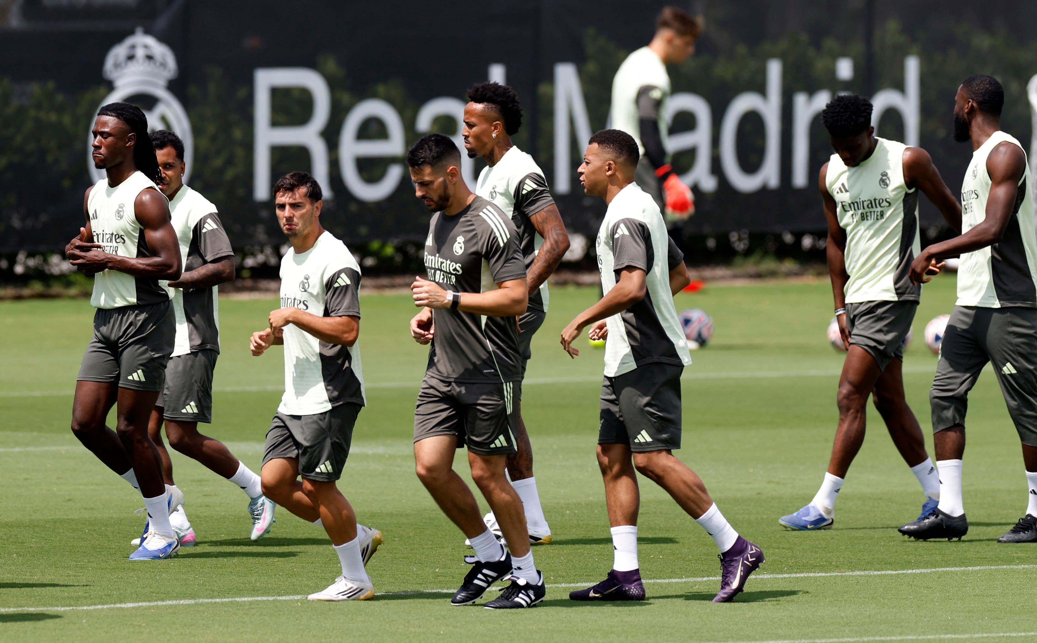 Real Madrid's Brahim Diaz, Kylian Mbappe and teammates during training 