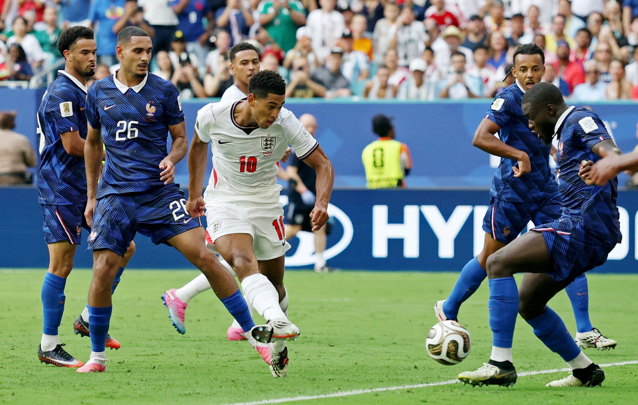 Soccer Football - FIFA World Cup 2026 - Bronze Final - France v England - Miami Stadium, Miami Gardens, Florida, U.S. - July 18, 2026 England's Jude Bellingham scores their sixth goal REUTERS/Paul Childs TPX IMAGES OF THE DAY

