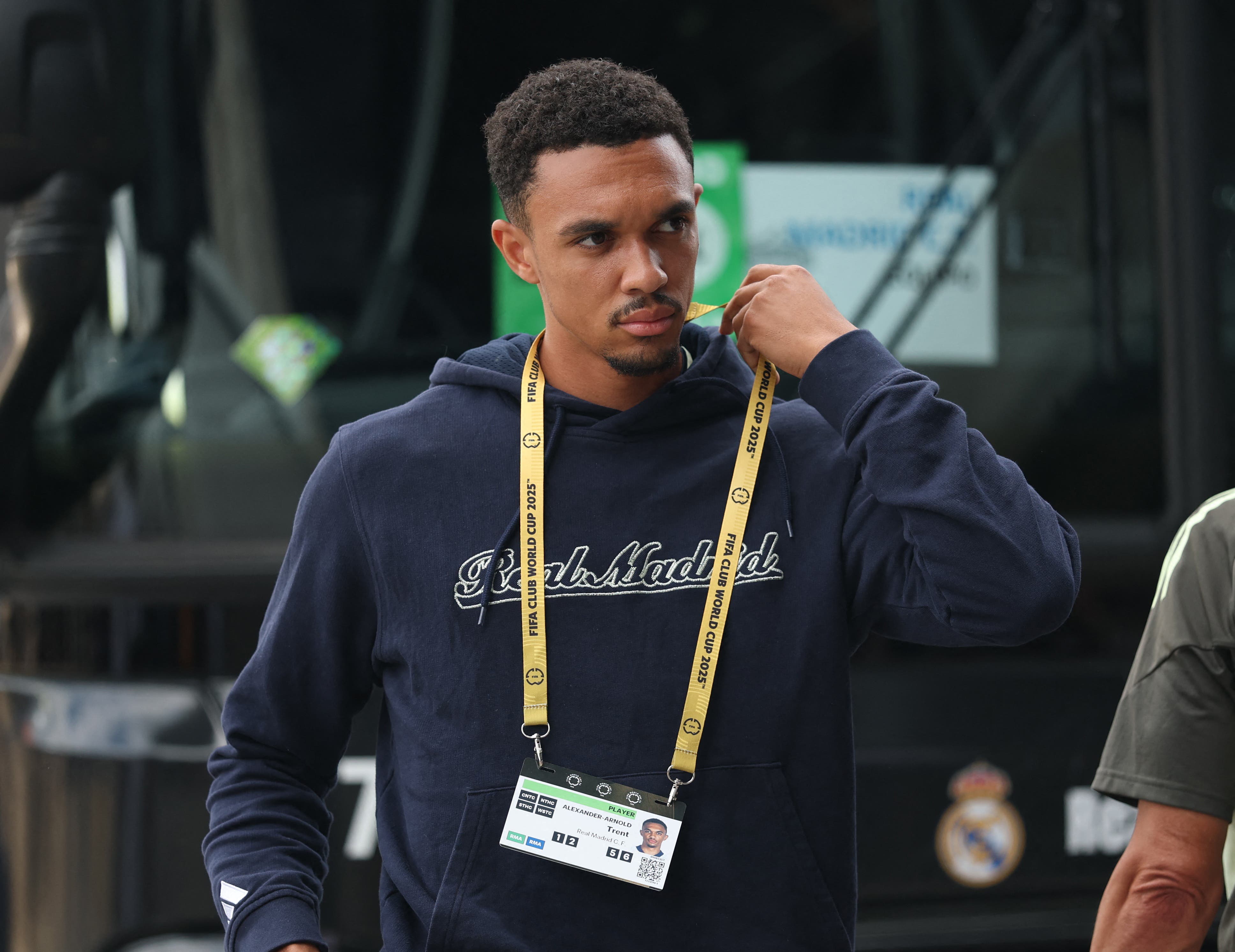 Soccer Football - FIFA Club World Cup - Semi Final - Paris St Germain v Real Madrid - MetLife Stadium, East Rutherford, New Jersey, U.S. - July 9, 2025 Real Madrid's Trent Alexander-Arnold arrives at the stadium before the match REUTERS/Hannah Mckay