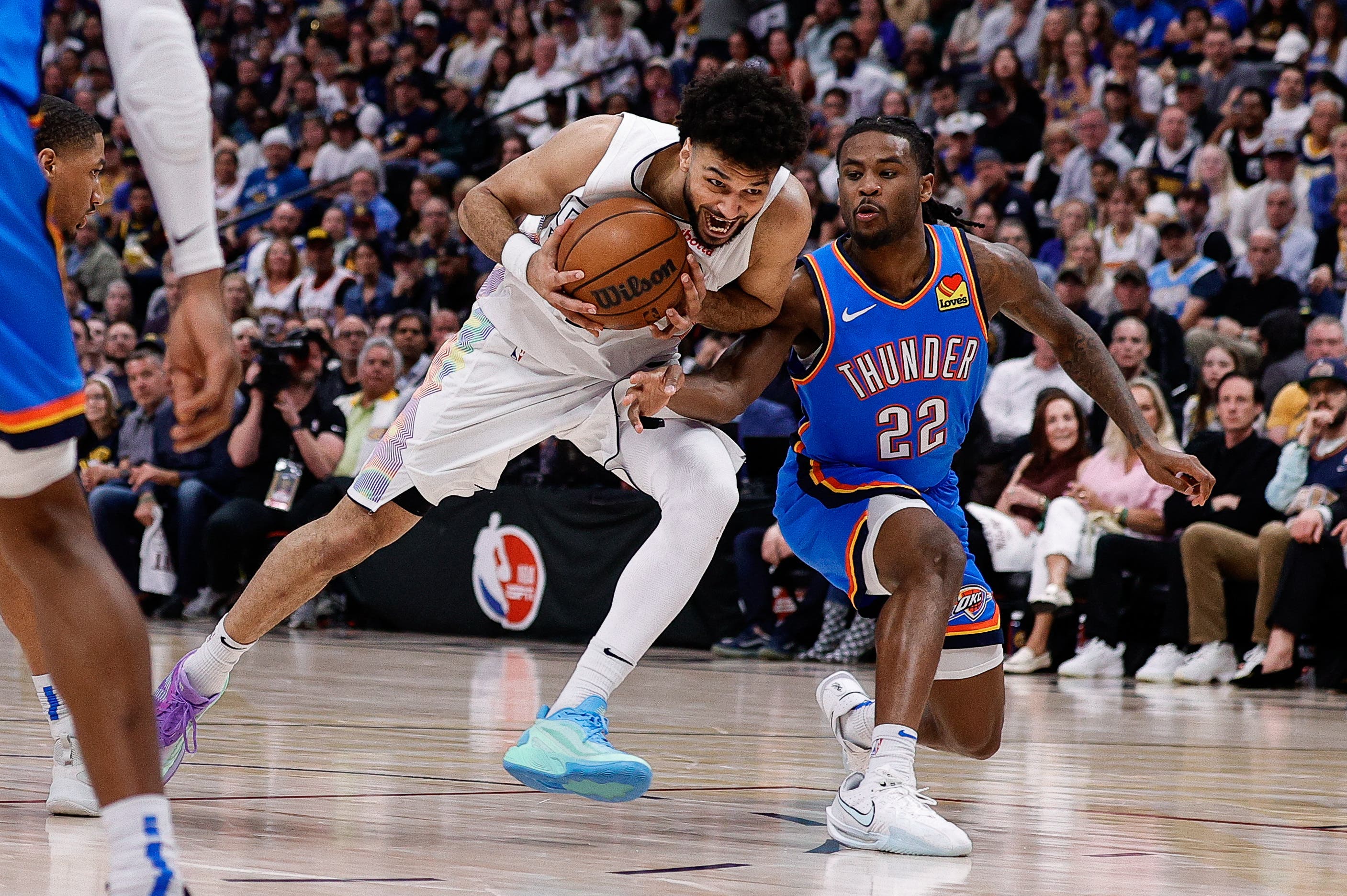 Denver Nuggets' Jamal Murray against Oklahoma City Thunder's Cason Wallace in Game 6.
