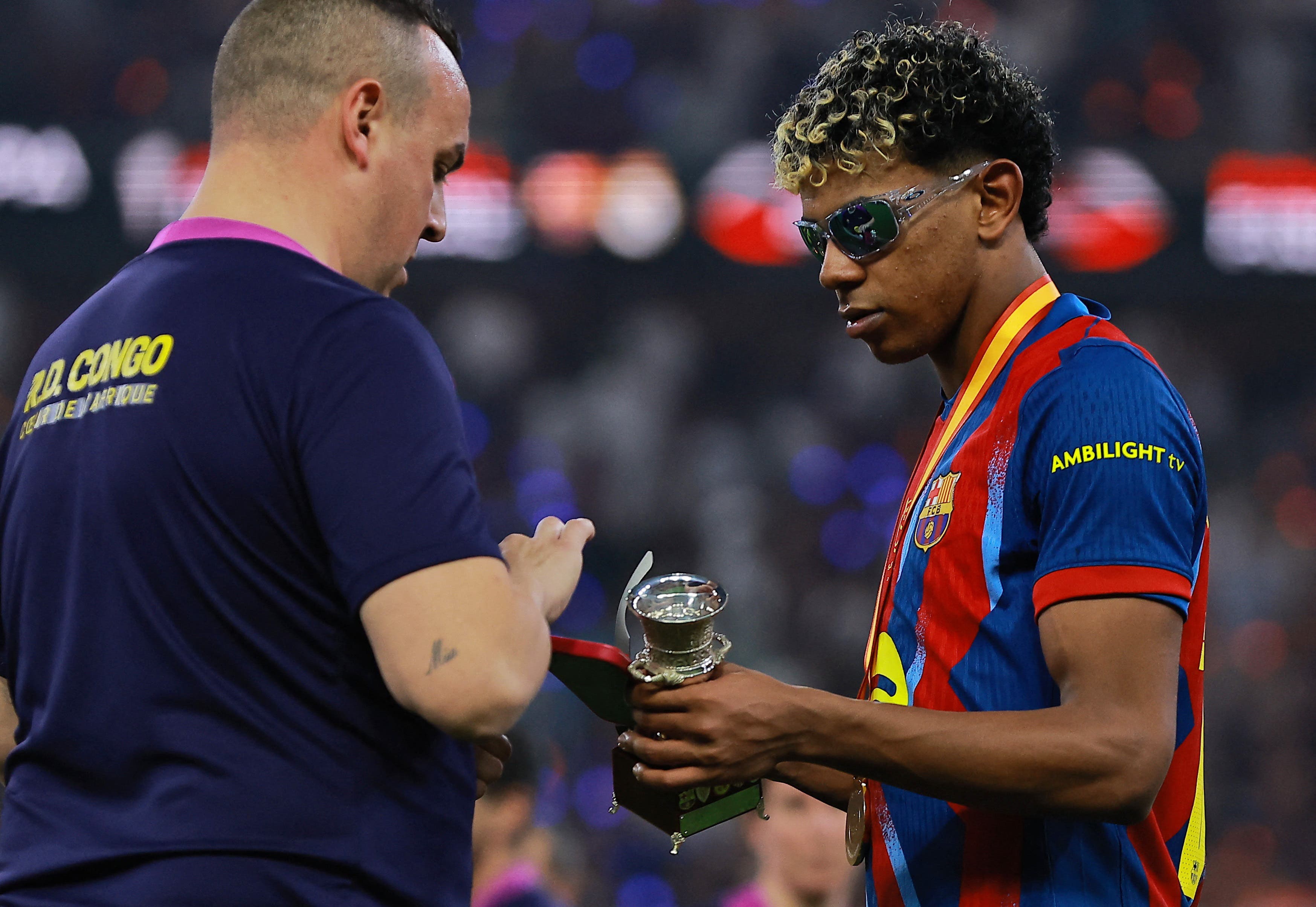 Soccer Football - Spanish Super Cup - Final - FC Barcelona v Real Madrid - King Abdullah Sports City Stadium, Jeddah, Saudi Arabia - January 12, 2026 FC Barcelona's Lamine Yamal celebrates after winning the Spanish Super Cup final REUTERS/Stringer