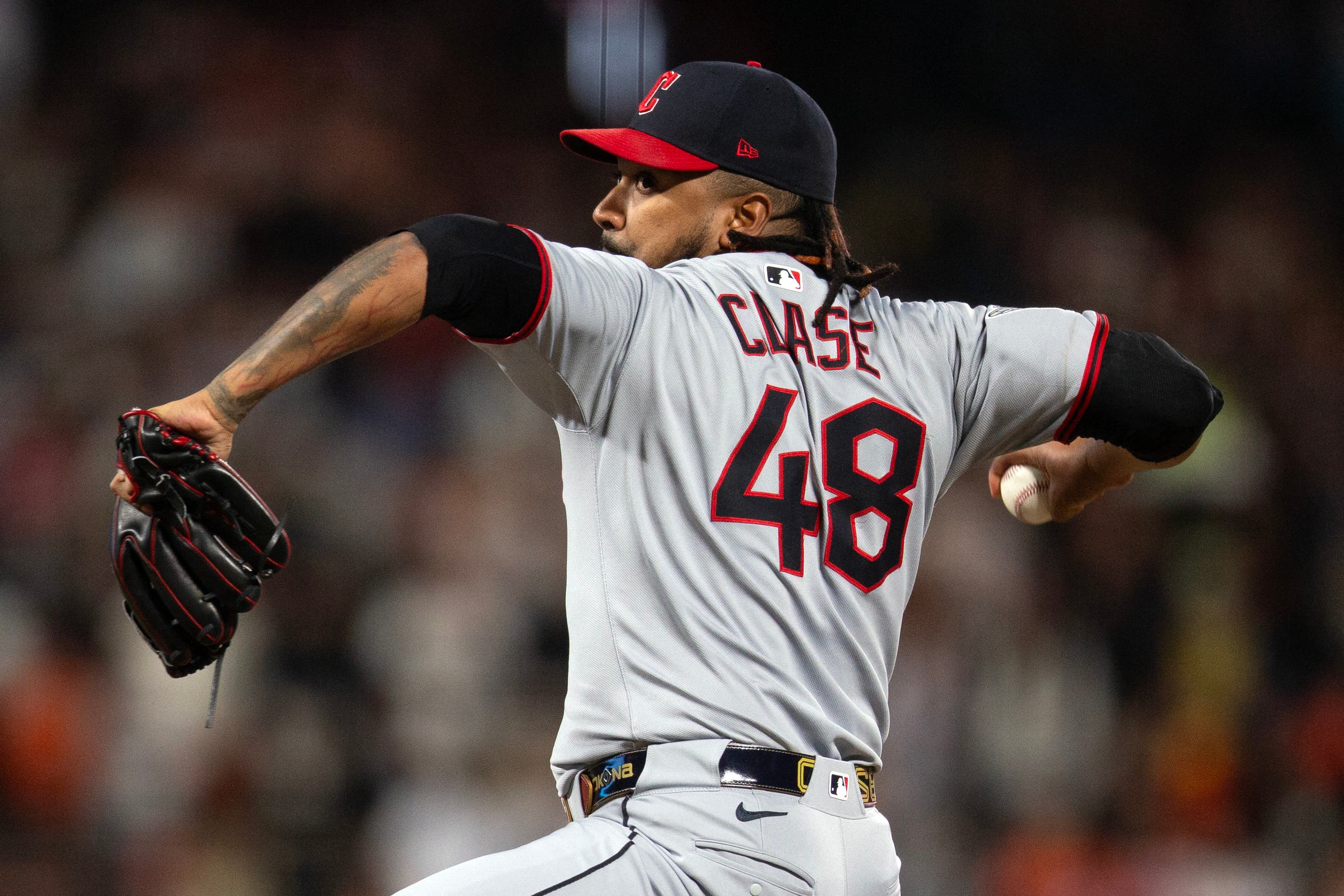 Jun 17, 2025; San Francisco, California, USA; Cleveland Guardians pitcher Emmanuel Clase (48) delivers a pitch against the San Francisco Giants during the ninth inning at Oracle Park. Mandatory Credit: D. Ross Cameron-Imagn Images