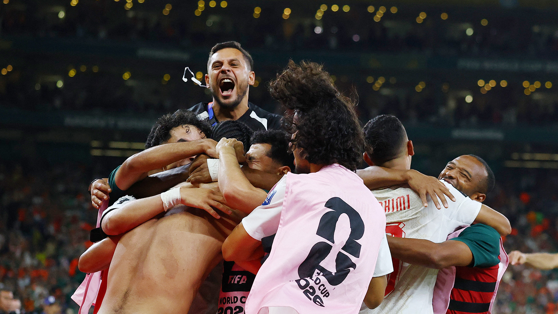 Soccer Football - FIFA World Cup 2026 - Round of 32 - Netherlands v Morocco - Estadio Monterrey, Monterrey, Mexico - June 29, 2026 Morocco's Ayoub El Kaabi and teammates celebrate after the penalty shootout as Morocco qualify for the round of 16 stage of the World Cup REUTERS/Daniel Becerril