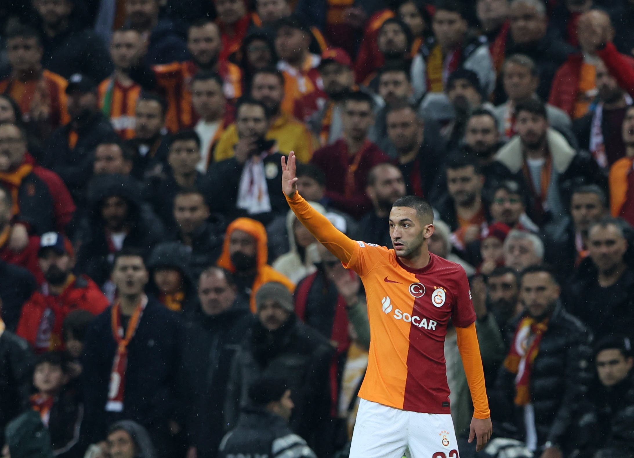 Soccer Football - Champions League - Group A - Galatasaray v Manchester United - RAMS Park, Istanbul, Turkey - November 29, 2023 Galatasaray's Hakim Ziyech reacts REUTERS/Umit Bektas