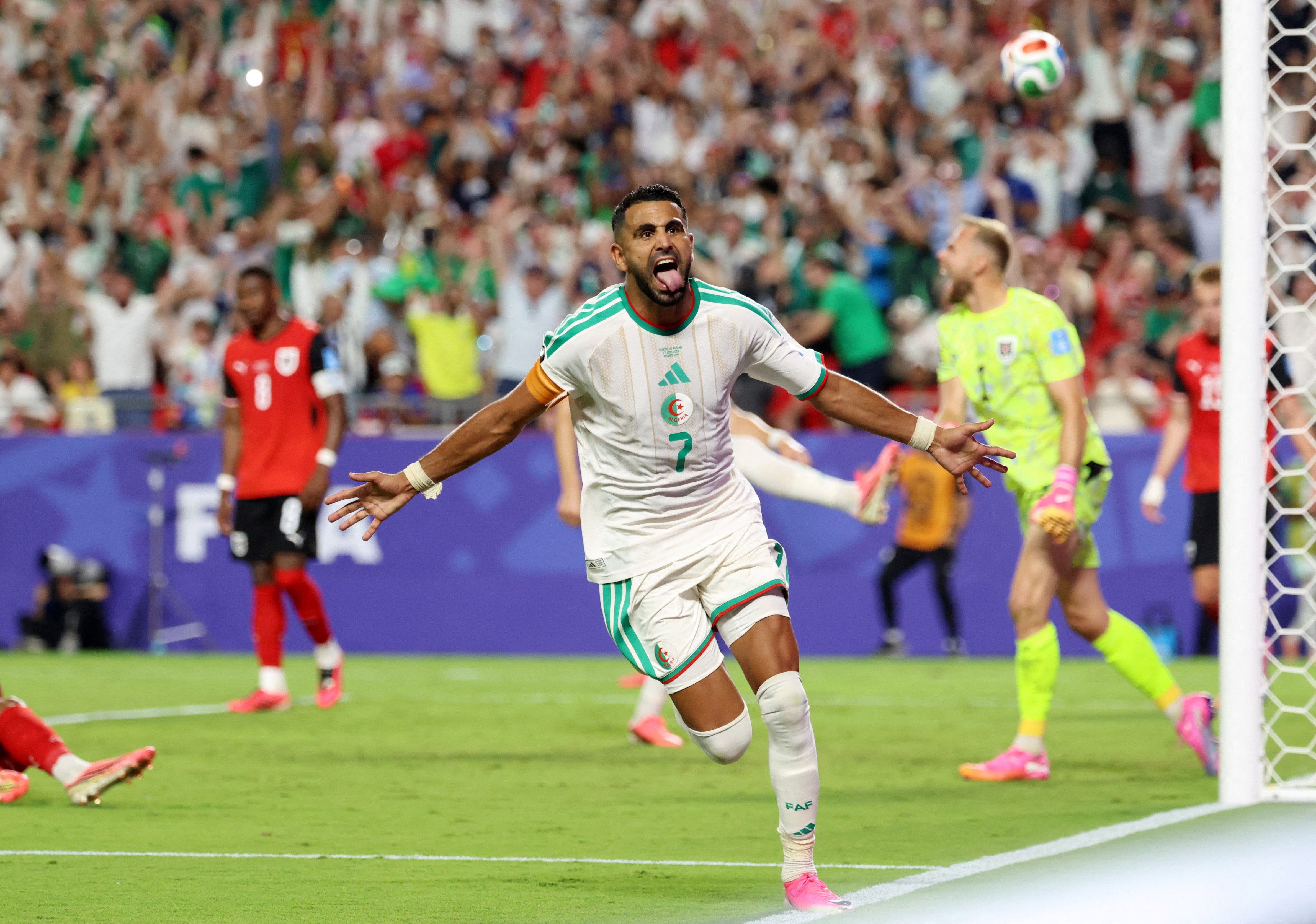 Soccer Football - FIFA World Cup 2026 - Group J - Algeria v Austria - Kansas City Stadium, Kansas City, Missouri, U.S. - June 27, 2026 Algeria's Riyad Mahrez celebrates scoring their second goal IMAGN IMAGES via Reuters/Kylie Graham TPX IMAGES OF THE DAY