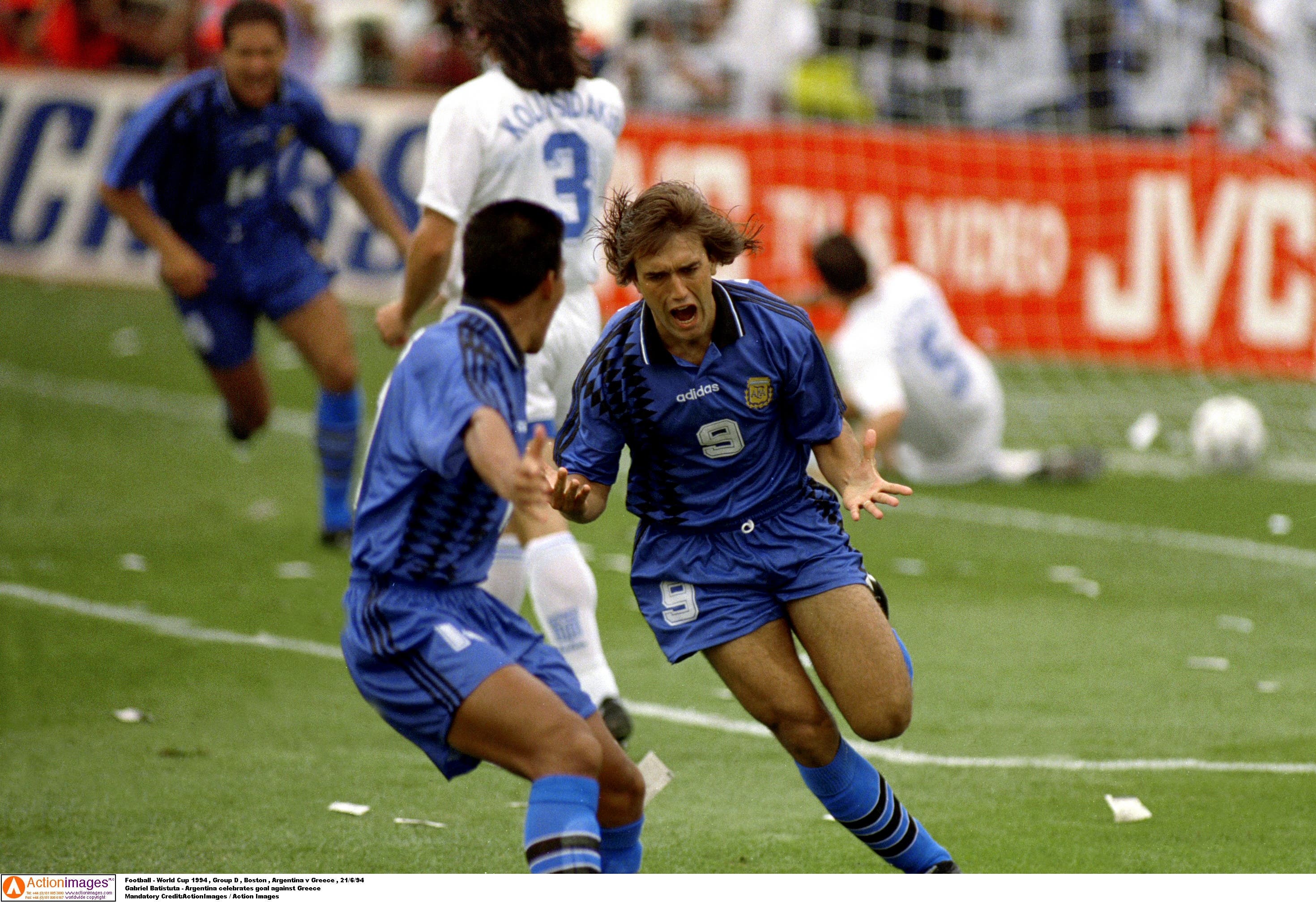 Football - 1994 FIFA World Cup - Group D - Argentina v Greece - Foxboro Stadium, Boston - 21/6/94 Gabriel Batistuta - Argentina celebrates goal against Greece Mandatory Credit:ActionImages / Action Images