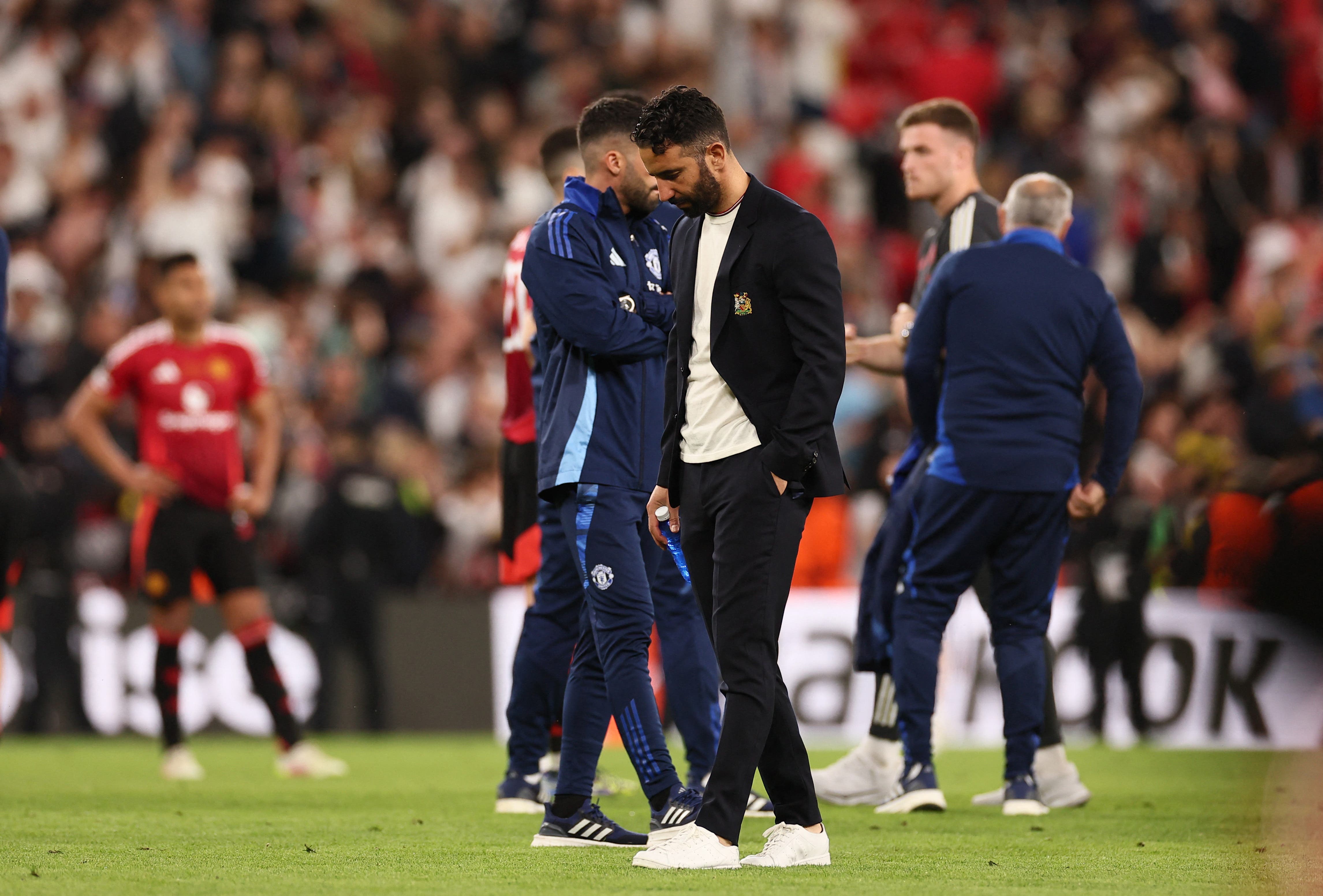 Manchester United manager Ruben Amorim looks dejected after the match