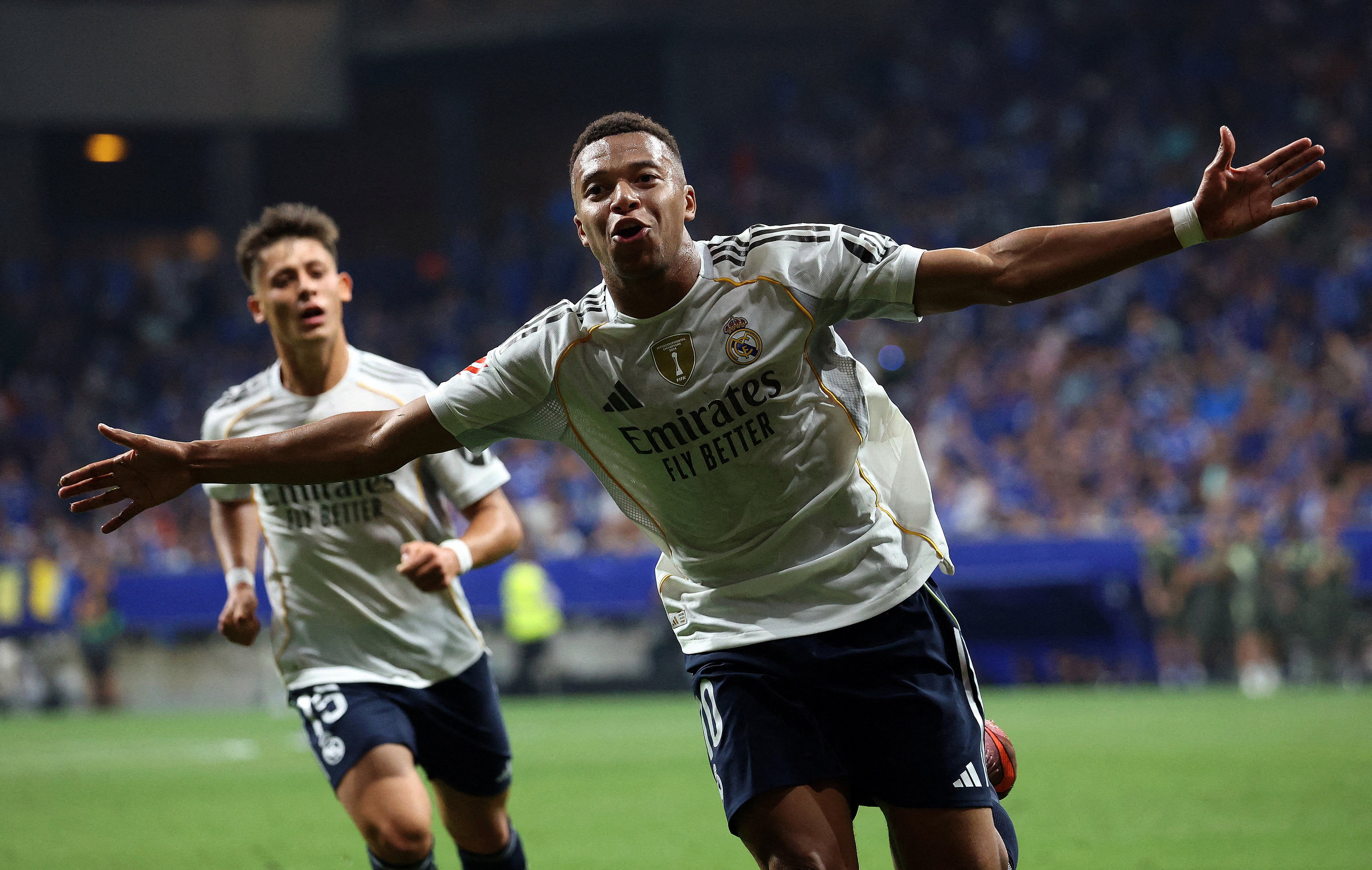Soccer Football - LaLiga - Real Oviedo v Real Madrid - Estadio Carlos Tartiere, Oviedo, Spain - August 24, 2025 Real Madrid's Kylian Mbappe celebrates scoring their first goal REUTERS/Pankra Nieto TPX IMAGES OF THE DAY
