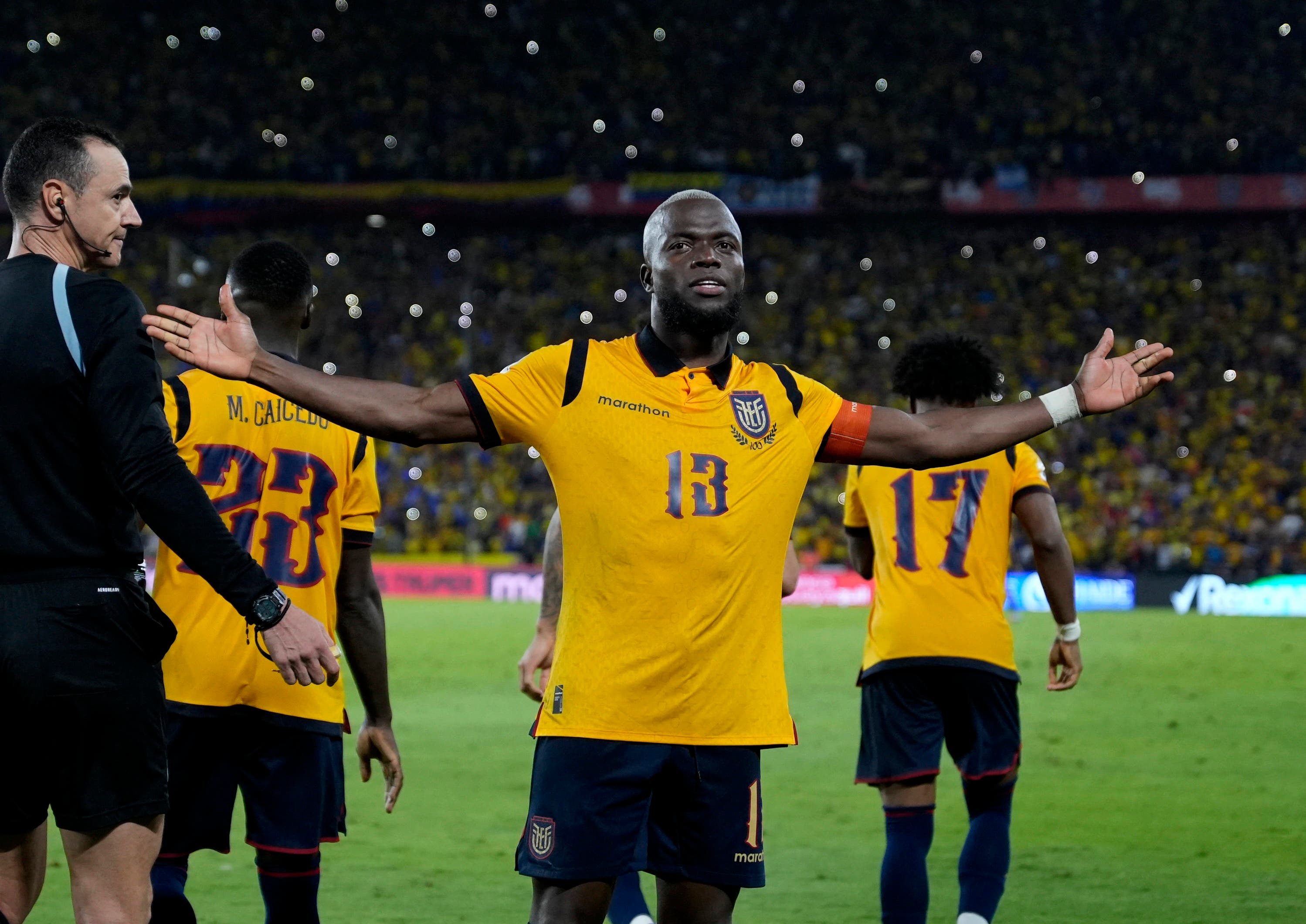 Soccer Football - World Cup - CONMEBOL Qualifiers - Ecuador v Argentina - Estadio Monumental Banco Pichincha, Guayaquil, Ecuador - September 9, 2025 Ecuador's Enner Valencia celebrates scoring their first goal REUTERS/Cristina Vega