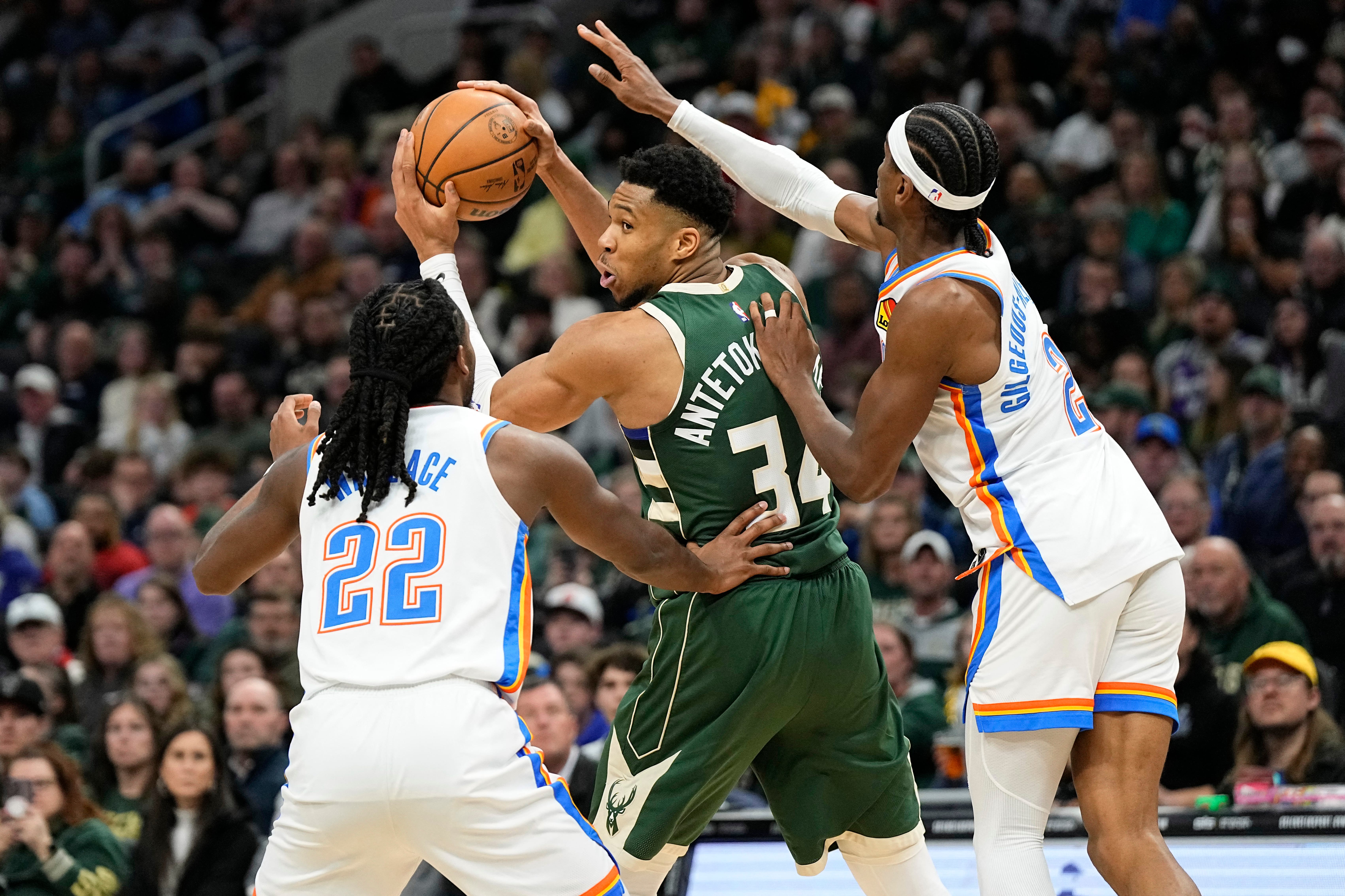Milwaukee Bucks' Giannis Antetokounmpo against the Oklahoma City Thunder.