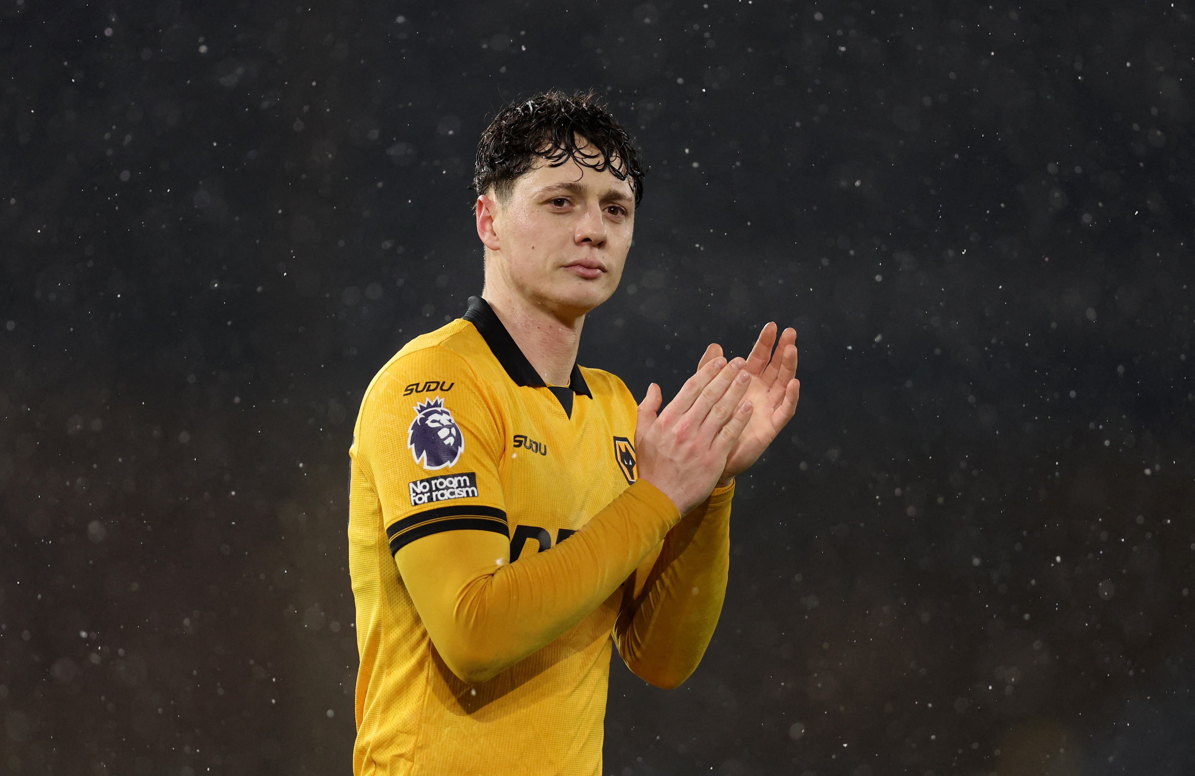 Soccer Football - Premier League - Wolverhampton Wanderers v Arsenal - Molineux Stadium, Wolverhampton, Britain - February 18, 2026 Wolverhampton Wanderers' Ladislav Krejci reacts after the match