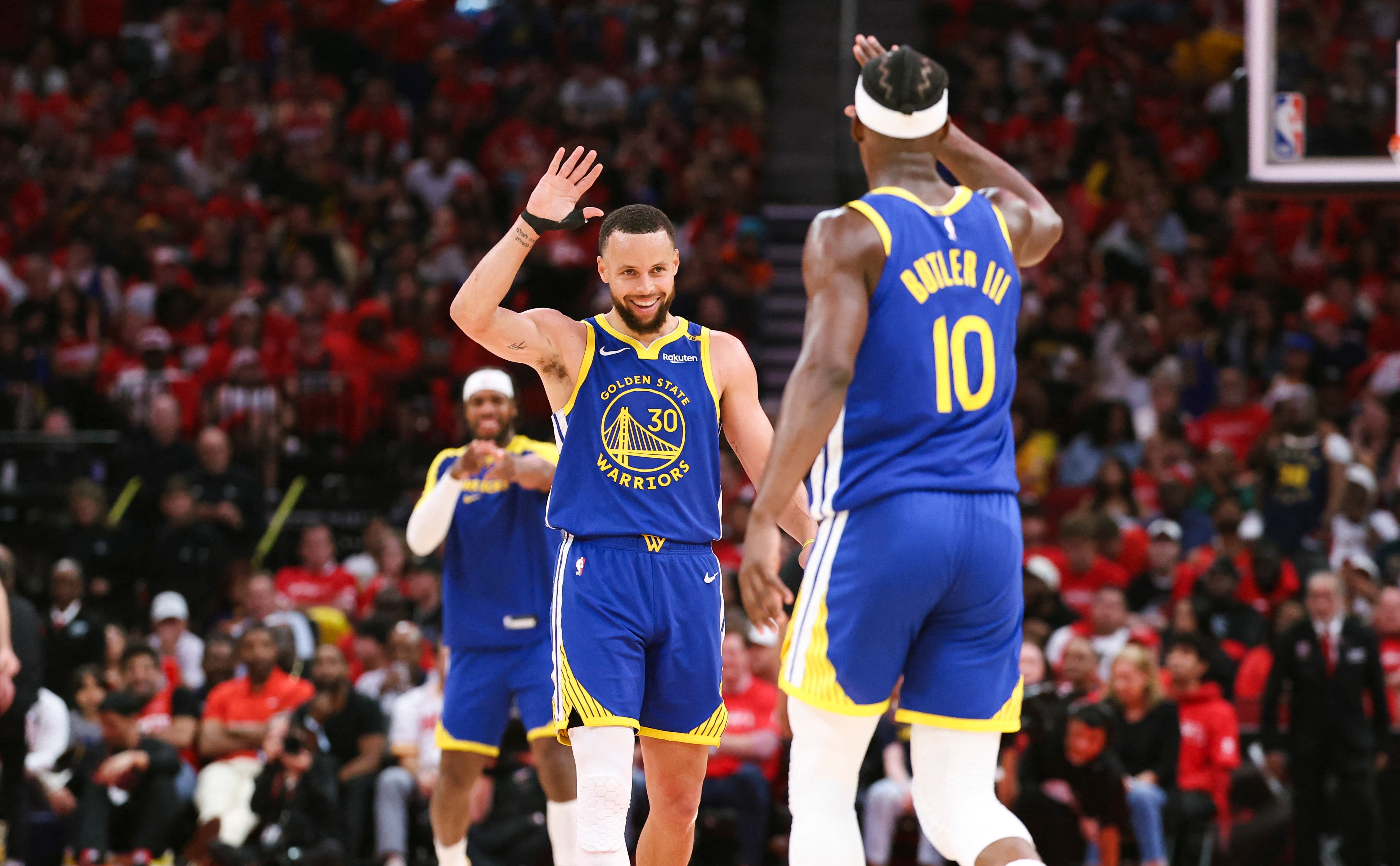 Stephen Curry and Jimmy Butler celebrating on Golden State Warriors v Houston Rockets.