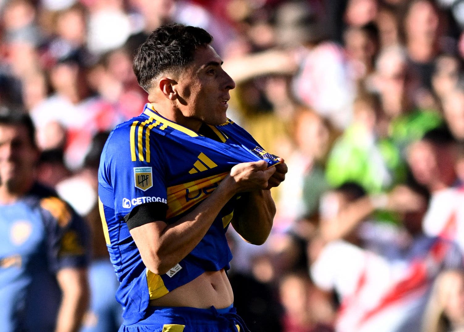 Boca Juniors' Miguel Merentiel celebrates scoring their first goal with teammates