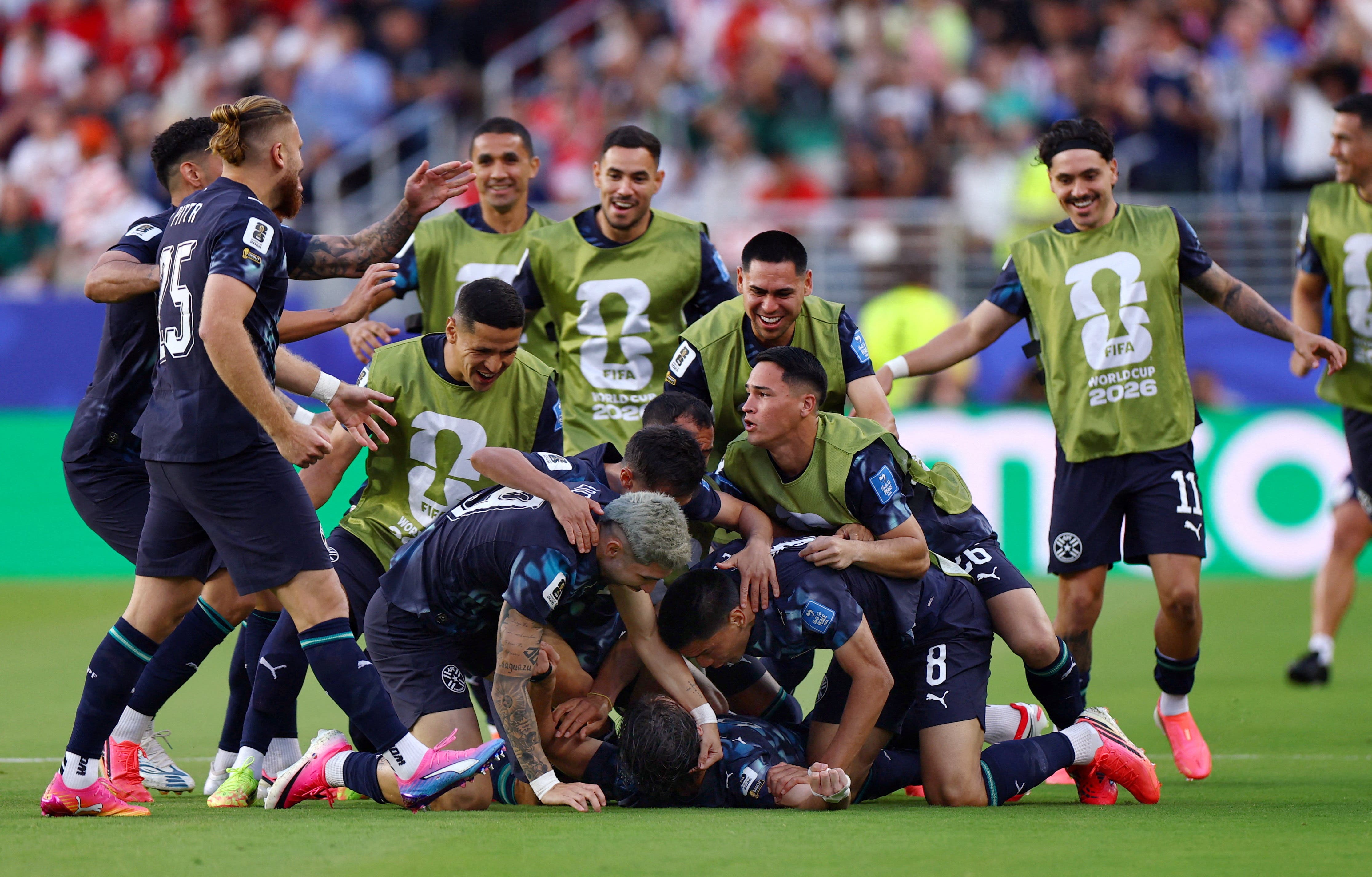 Soccer Football - FIFA World Cup 2026 - Group D - Turkey v Paraguay - San Francisco Bay Area Stadium, Santa Clara, California, U.S. - June 19, 2026 Paraguay's Matias Galarza celebrates scoring their first goal with teammates REUTERS/Luisa Gonzalez TPX IMAGES OF THE DAY