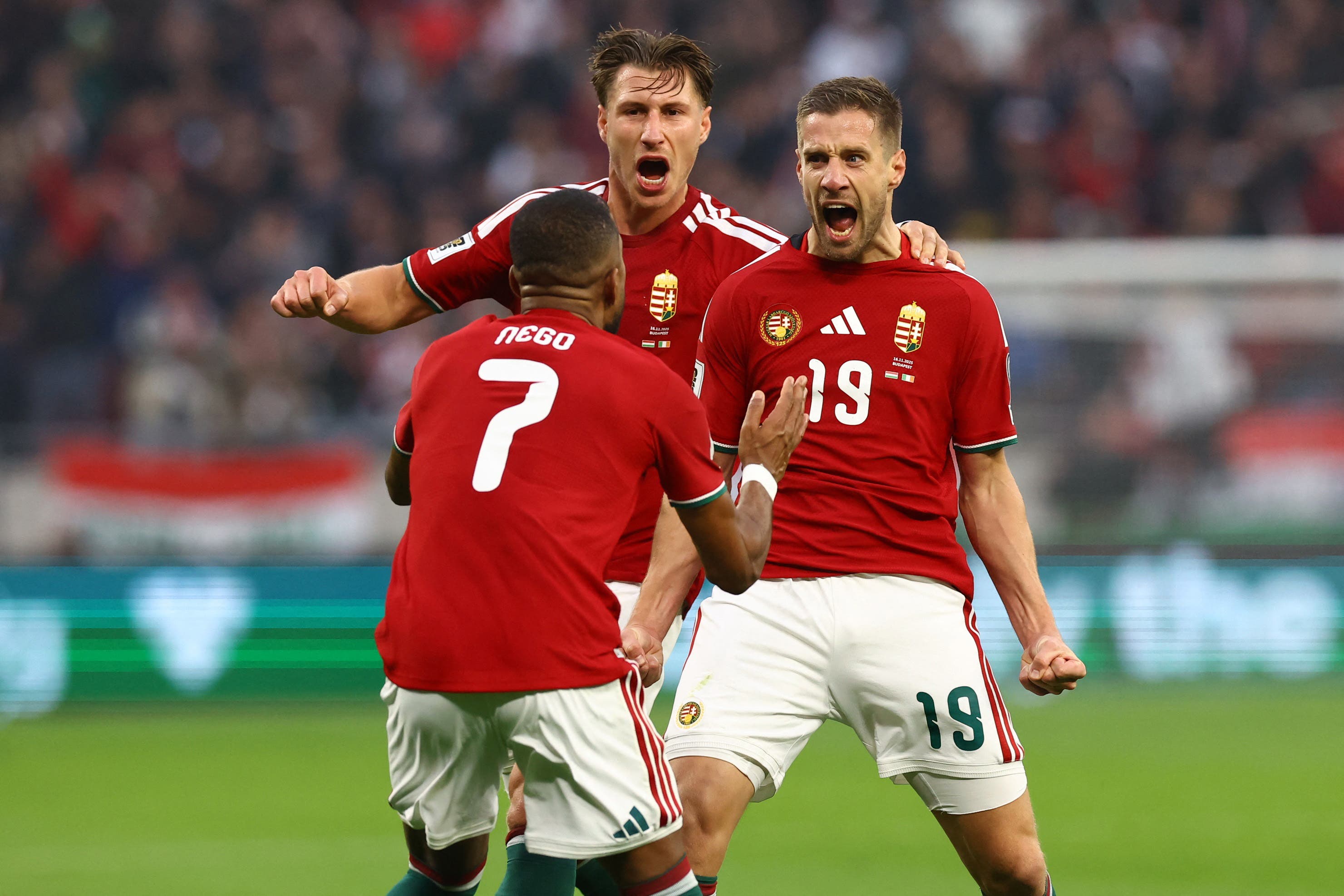 Soccer Football - World Cup - UEFA Qualifiers - Group F - Hungary v Republic of Ireland - Puskas Arena, Budapest, Hungary - November 16, 2025 Hungary's Barnabas Varga celebrates with teammates after scoring their second goal REUTERS/Bernadett Szabo