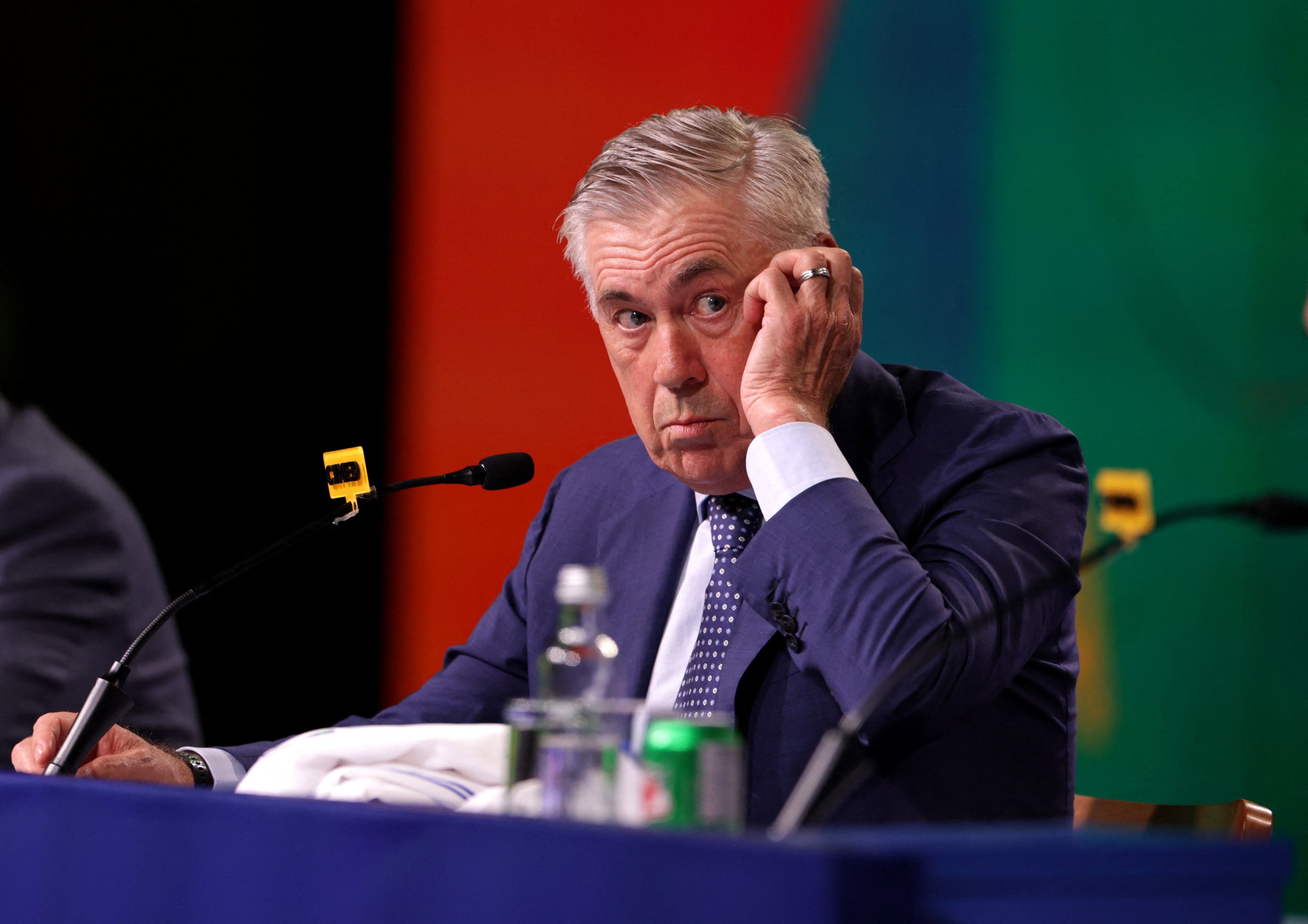 Soccer Football - Brazil unveils new coach Carlo Ancelotti - Grand Hyatt, Rio de Janeiro, Brazil - May 26, 2025 New Brazil coach Carlo Ancelotti during the press conference REUTERS/Ricardo Moraes
